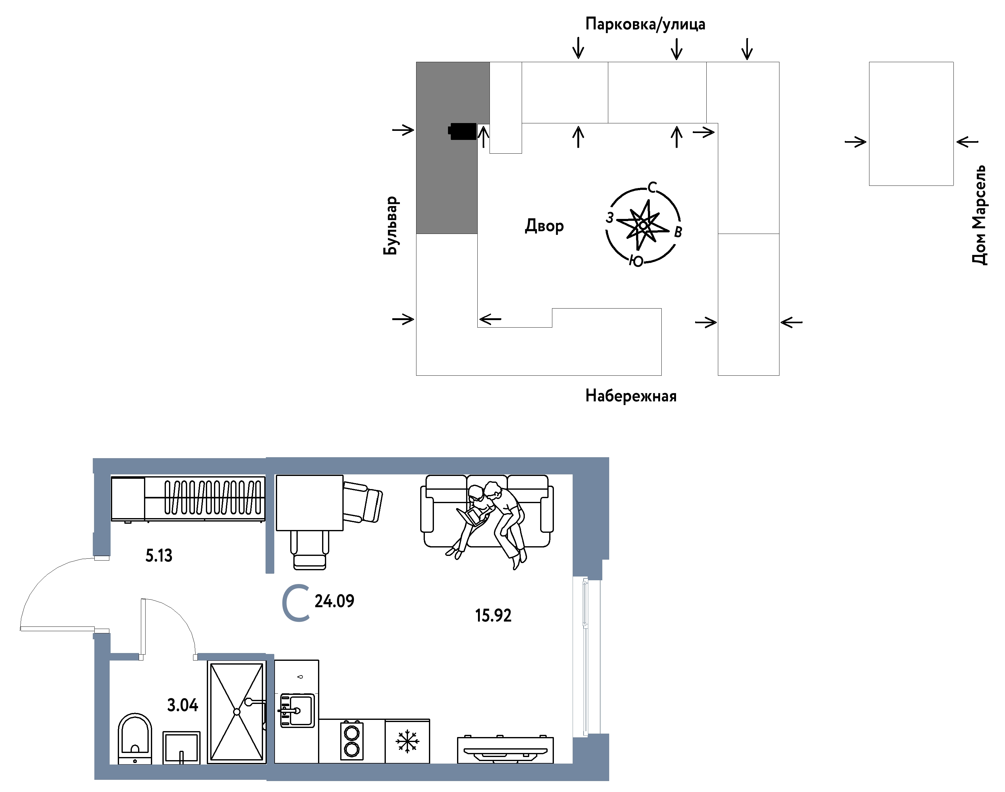 Планировка: Студия 24.1 м² в ЖК Европейский берег 2.0, Европейский