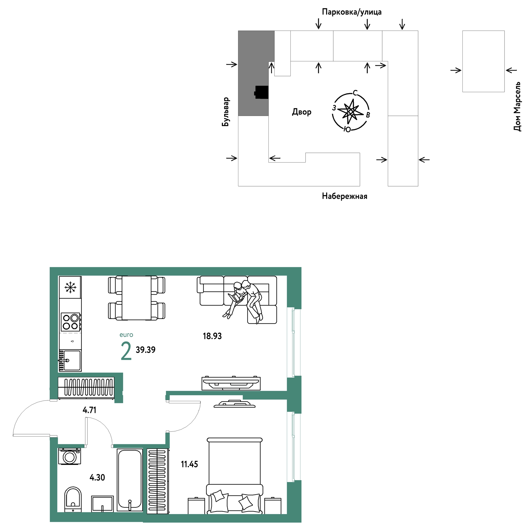Планировка: Евродвушка 39.4 м² в ЖК Европейский берег 2.0, Европейский