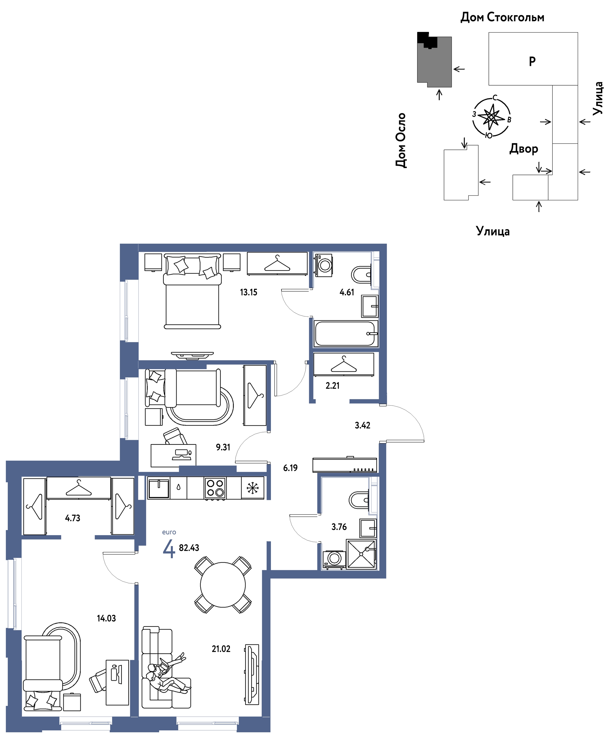 Планировка: 4-комнатная евро 82.4 м² в ЖК Европейский берег 2.0, Европейский