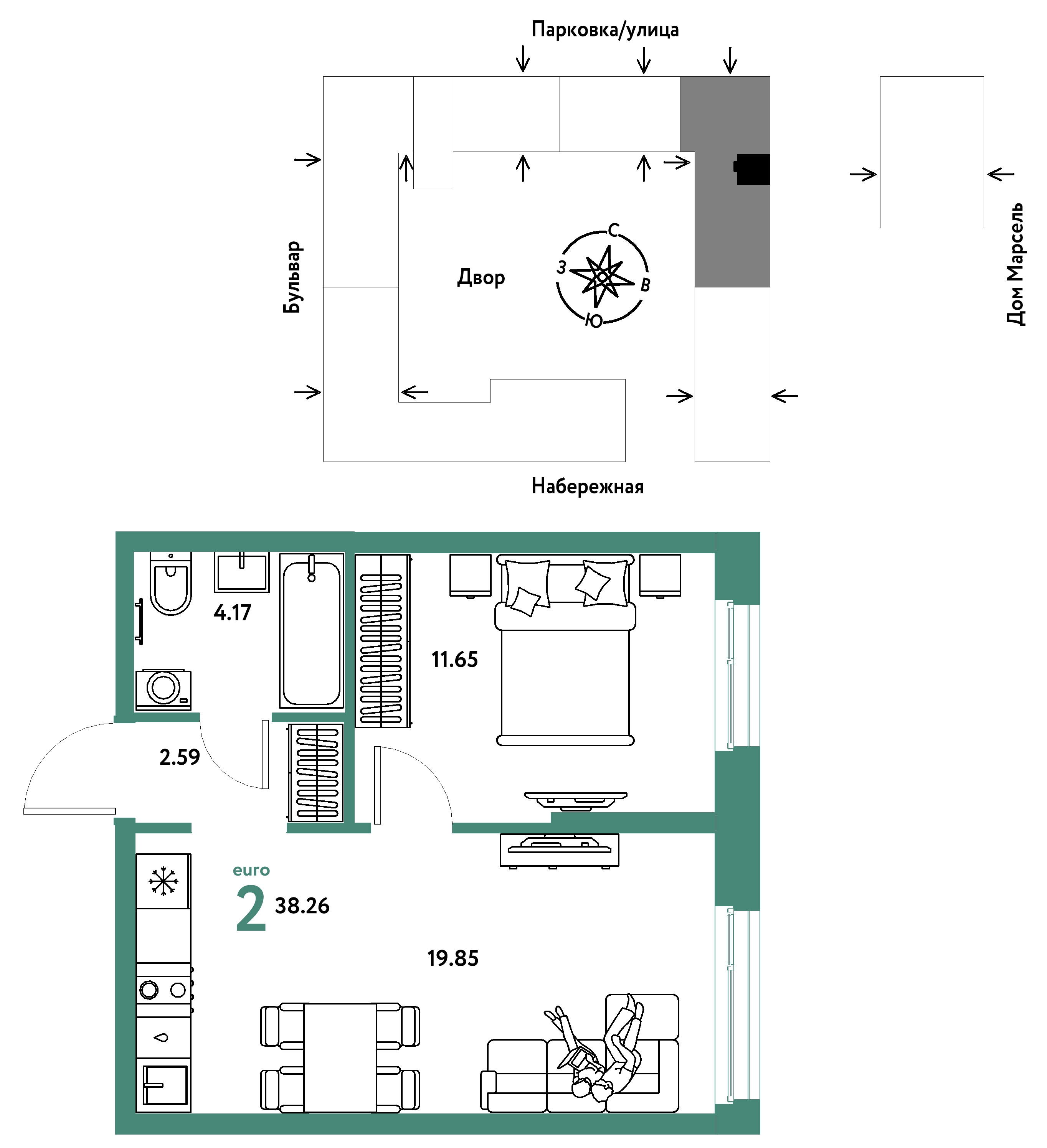 Планировка: Евродвушка 38.3 м² в ЖК Европейский берег 2.0, Европейский