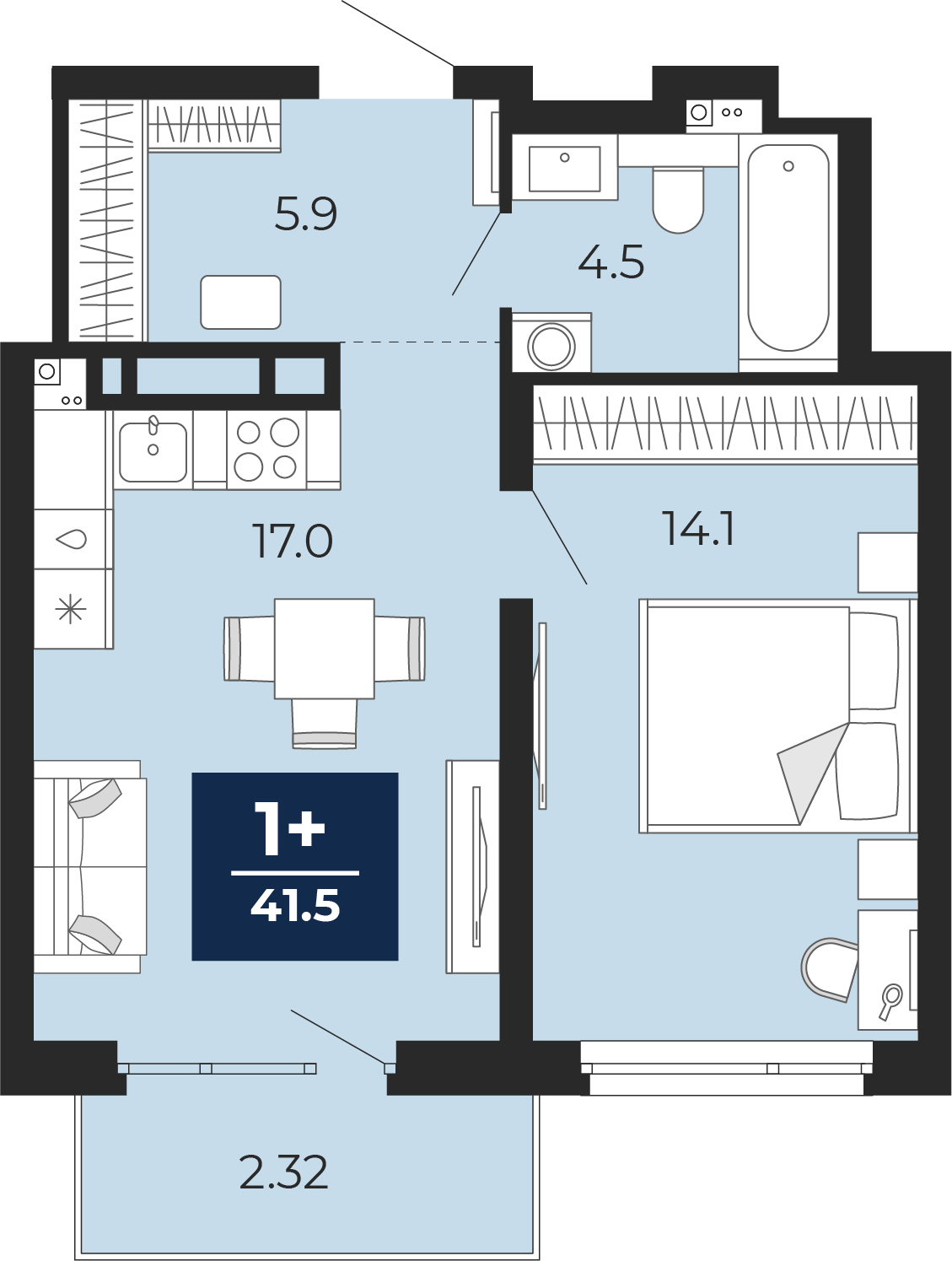 Планировка: Евродвушка 46.4 м² в ЖК Прео, Тюменская слобода