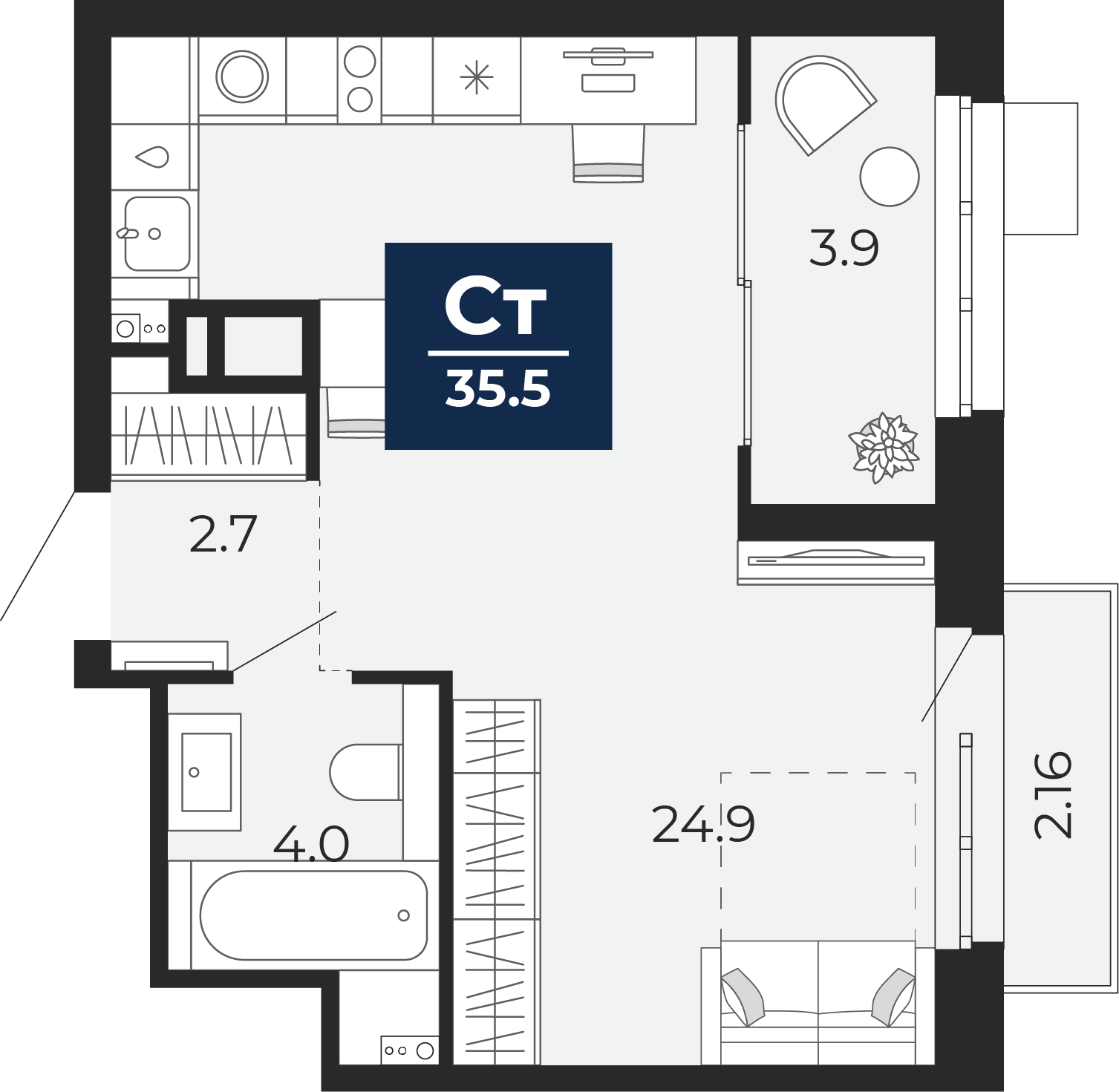 Планировка: Студия 38.5 м² в ЖК Беринг, Лесобаза