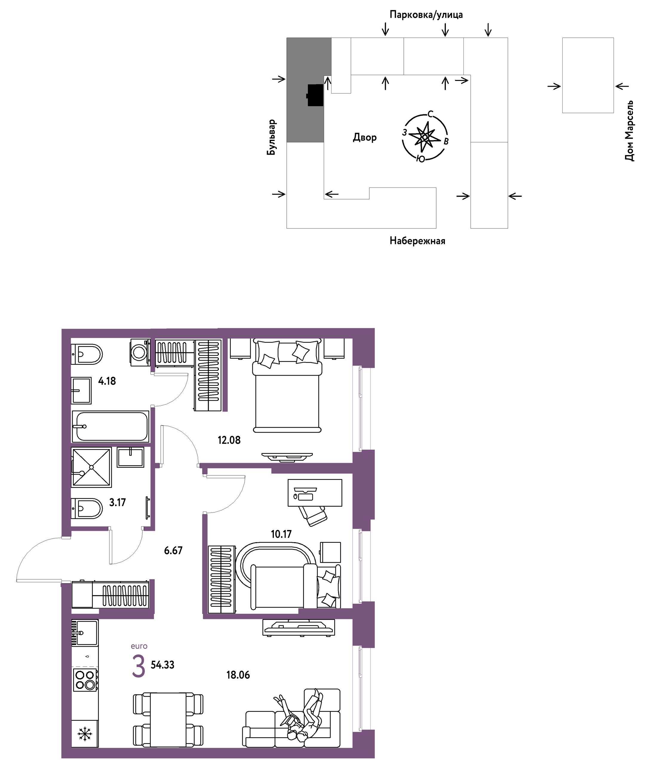 Планировка: Евротрешка 54.3 м² в ЖК Европейский берег 2.0, Европейский