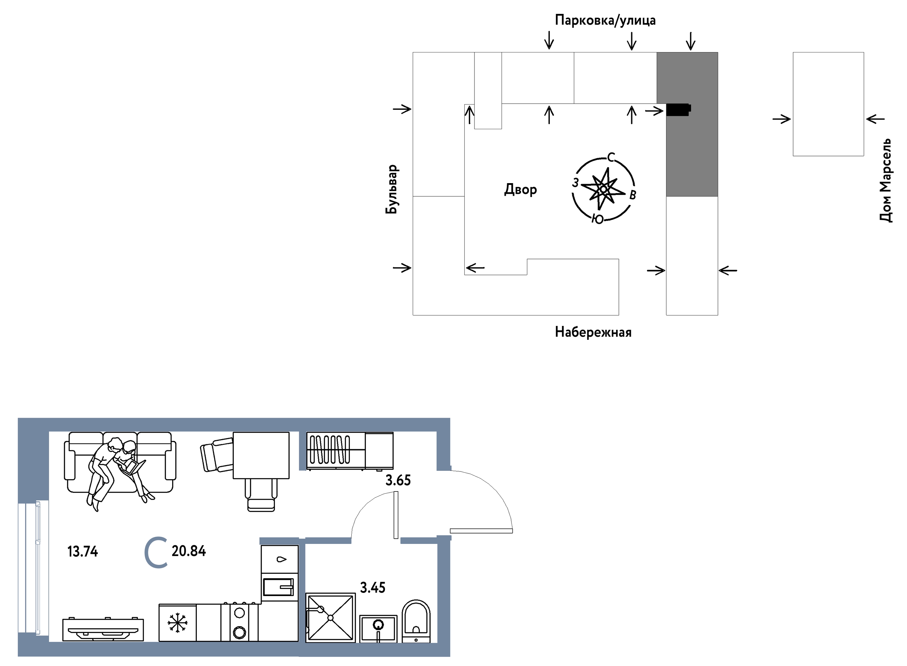 Планировка: Студия 20.8 м² в ЖК Европейский берег 2.0, Европейский