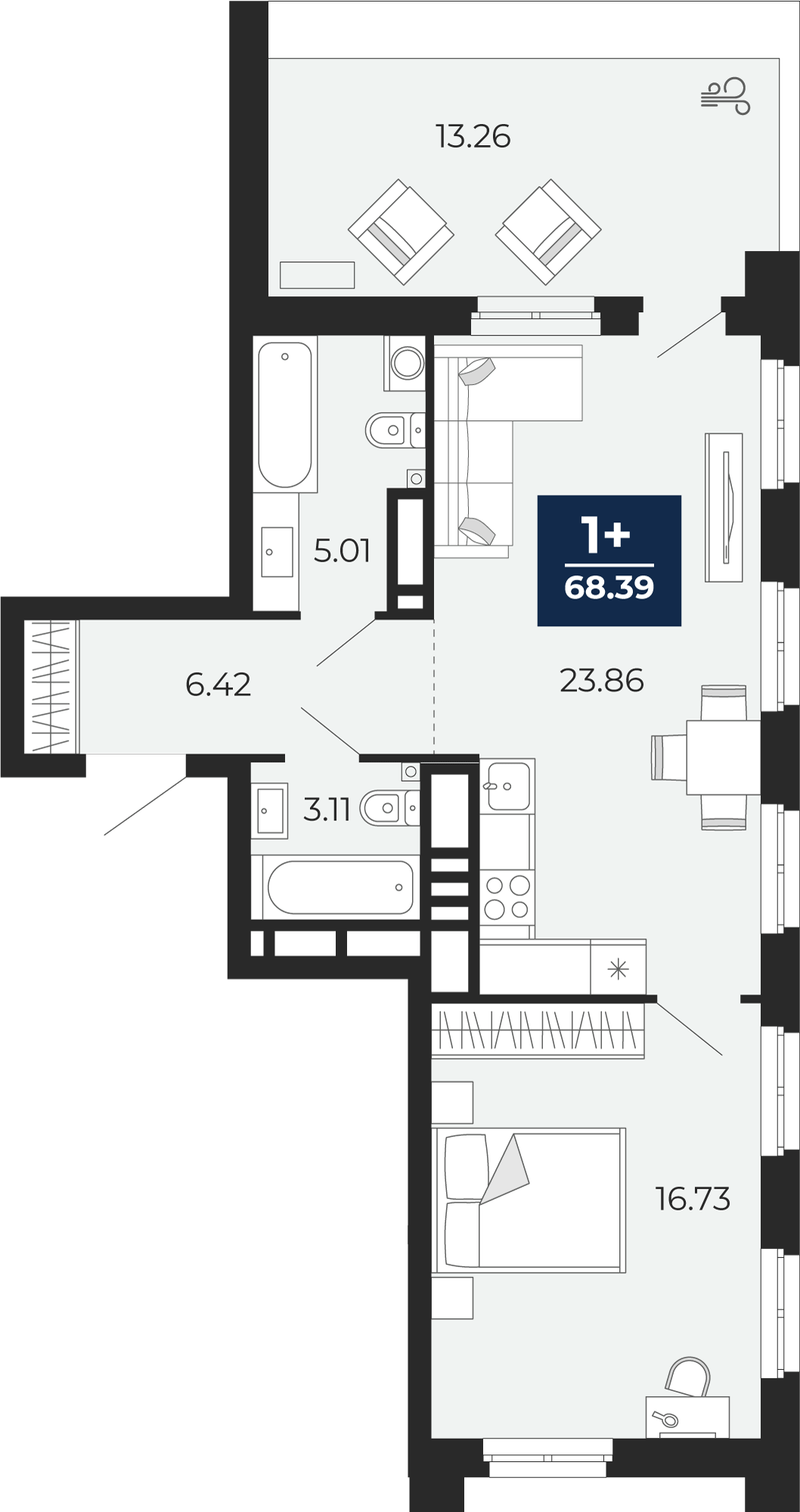 Планировка: Евродвушка 68.4 м² в ЖК Айвазовский, 5-й Заречный