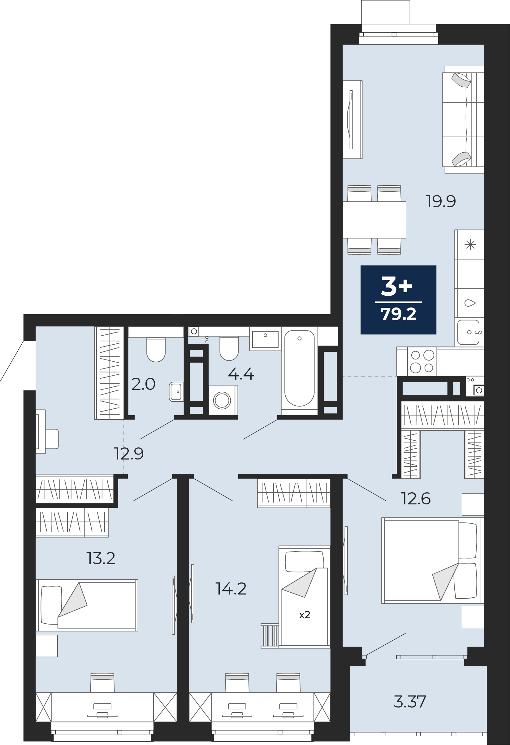 Планировка: 4-комнатная евро 84.1 м² в ЖК Прео, Тюменская слобода