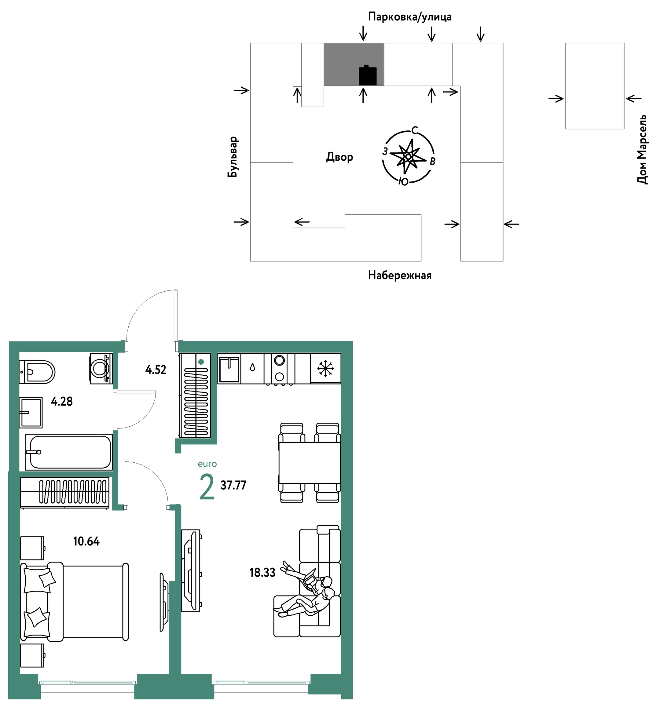 Планировка: Евродвушка 37.8 м² в ЖК Европейский берег 2.0, Европейский