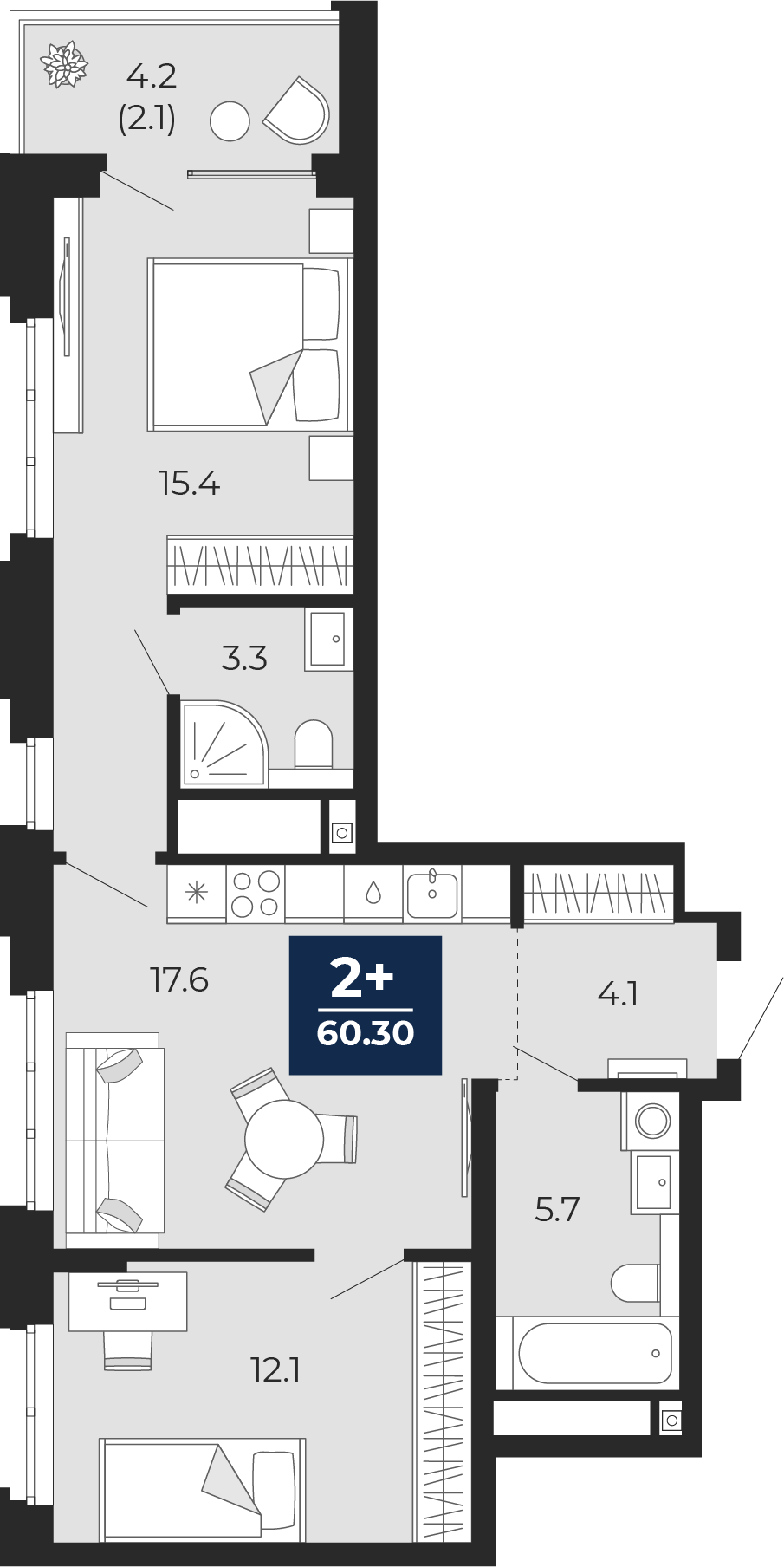 Планировка: Евротрешка 62.4 м² в ЖК Мириады, Мыс