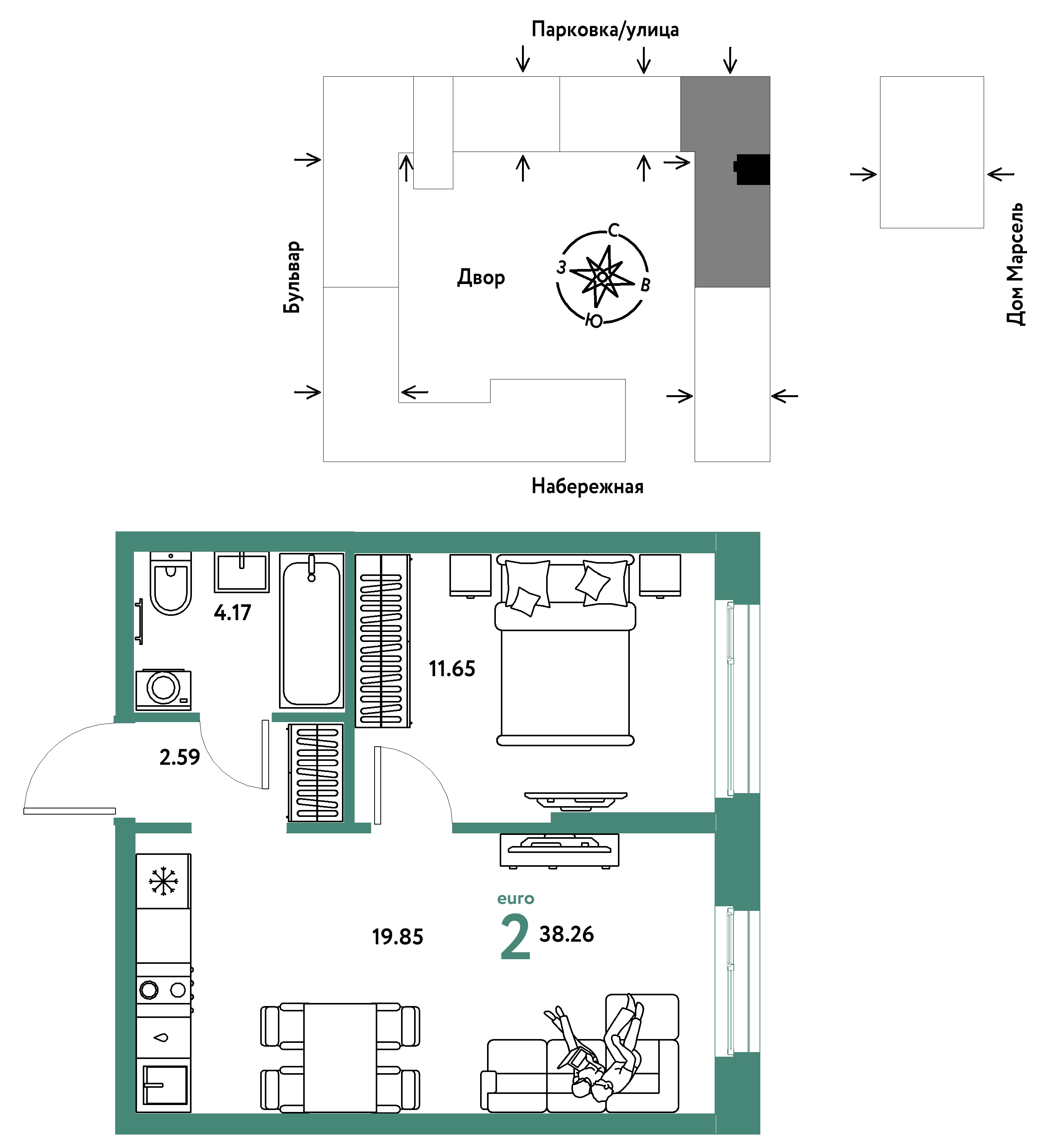 Планировка: Евродвушка 38.3 м² в ЖК Европейский берег 2.0, Европейский