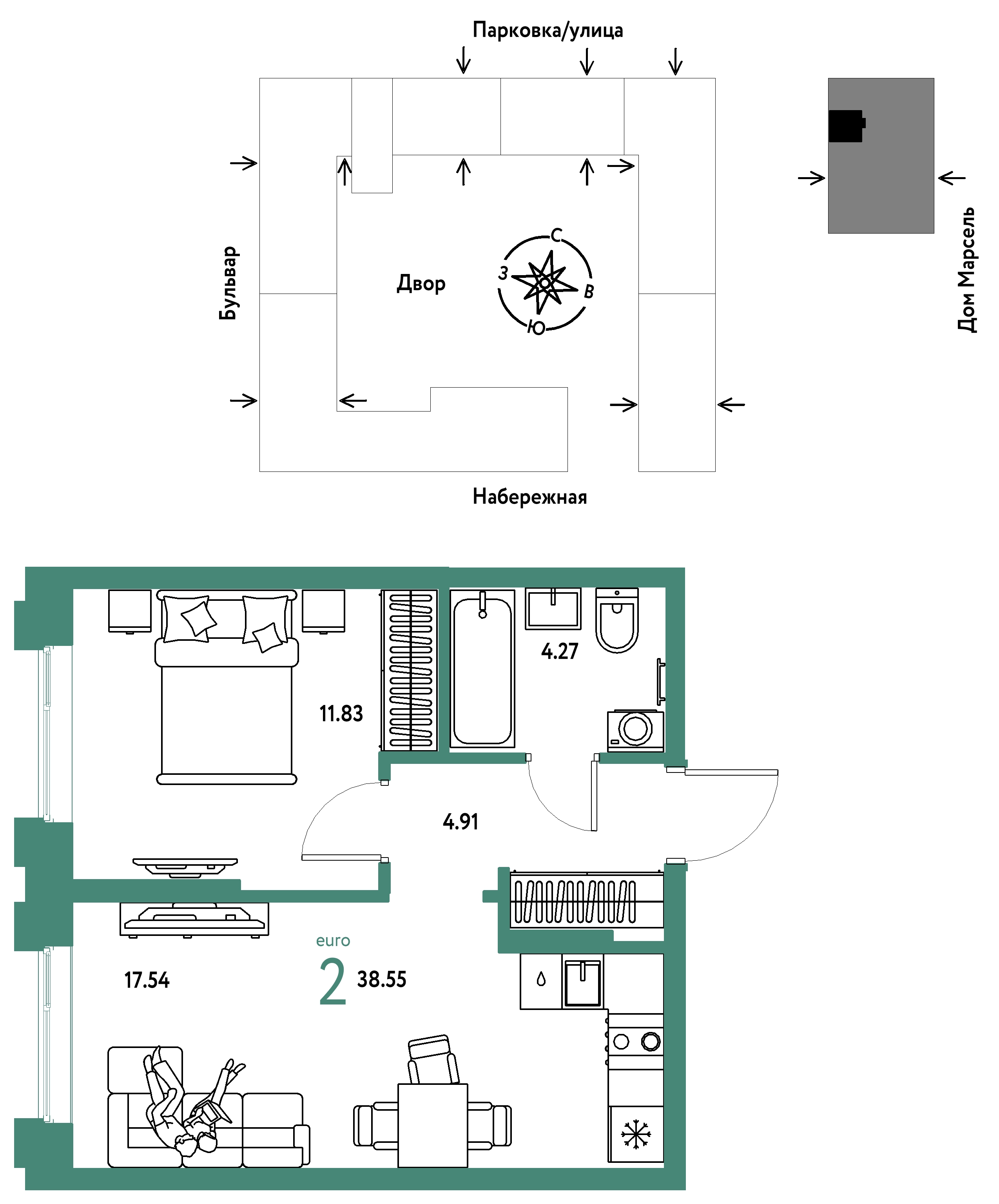 Планировка: Евродвушка 38.5 м² в ЖК Европейский берег 2.0, Европейский