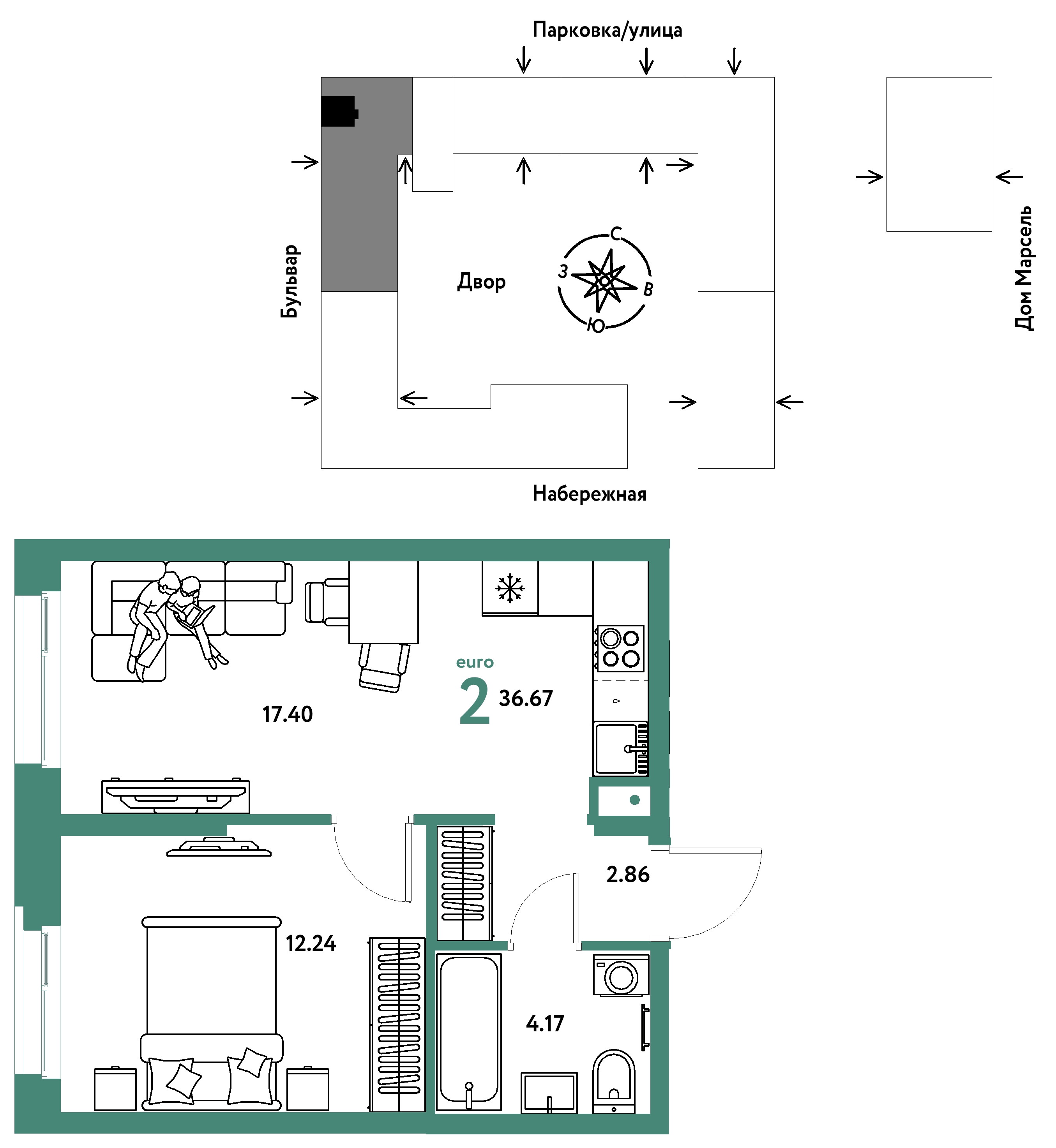 Планировка: Евродвушка 36.7 м² в ЖК Европейский берег 2.0, Европейский