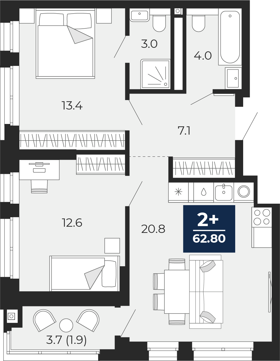 Планировка: Евротрешка 64.6 м² в ЖК Мириады, Мыс