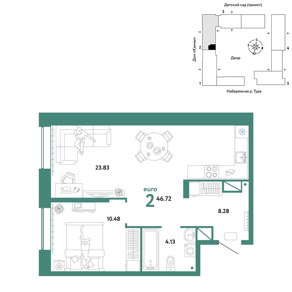 Планировка: Евродвушка 46.7 м² в ЖК Европейский берег 2.0, Европейский