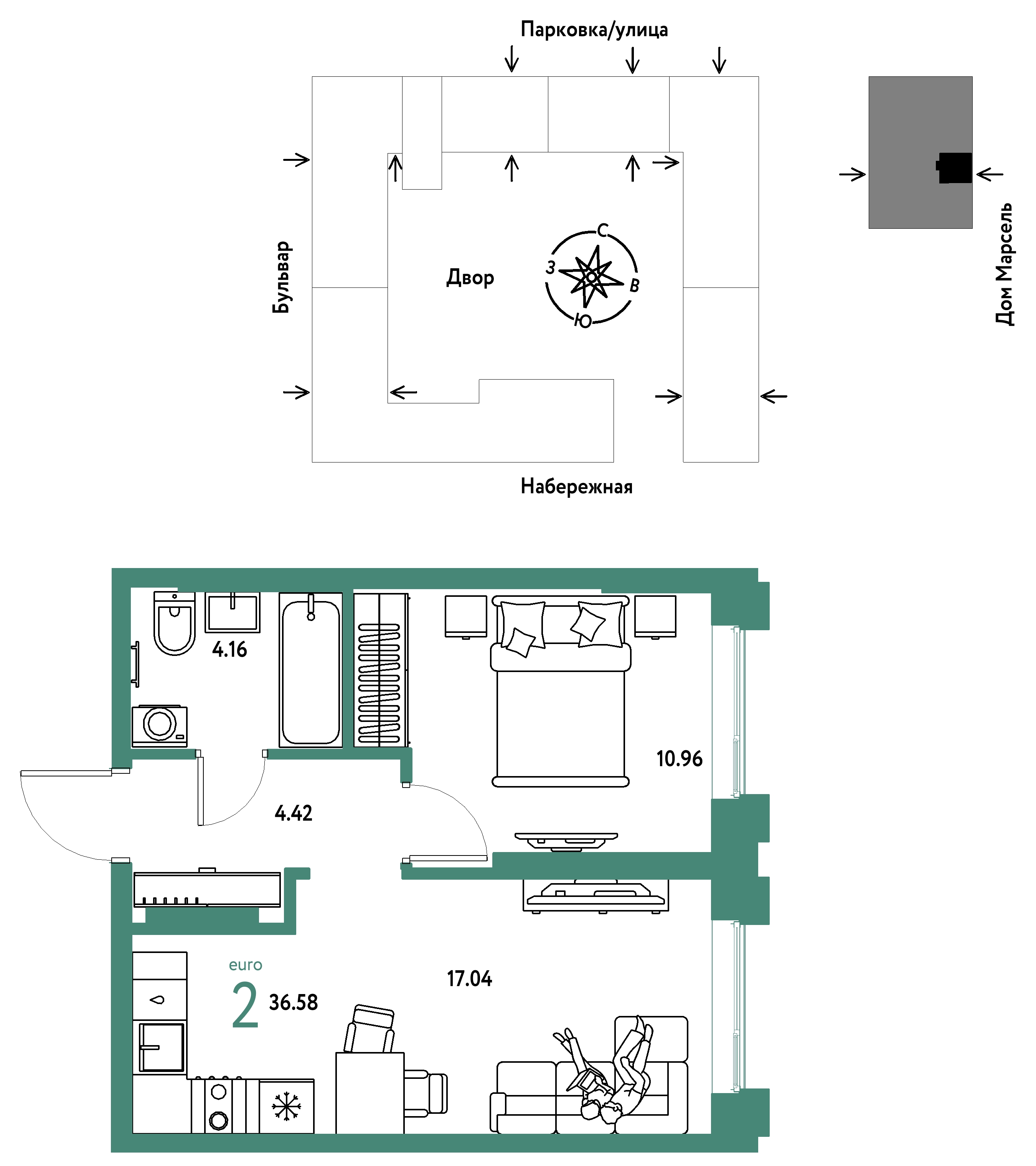 Планировка: Евродвушка 36.6 м² в ЖК Европейский берег 2.0, Европейский