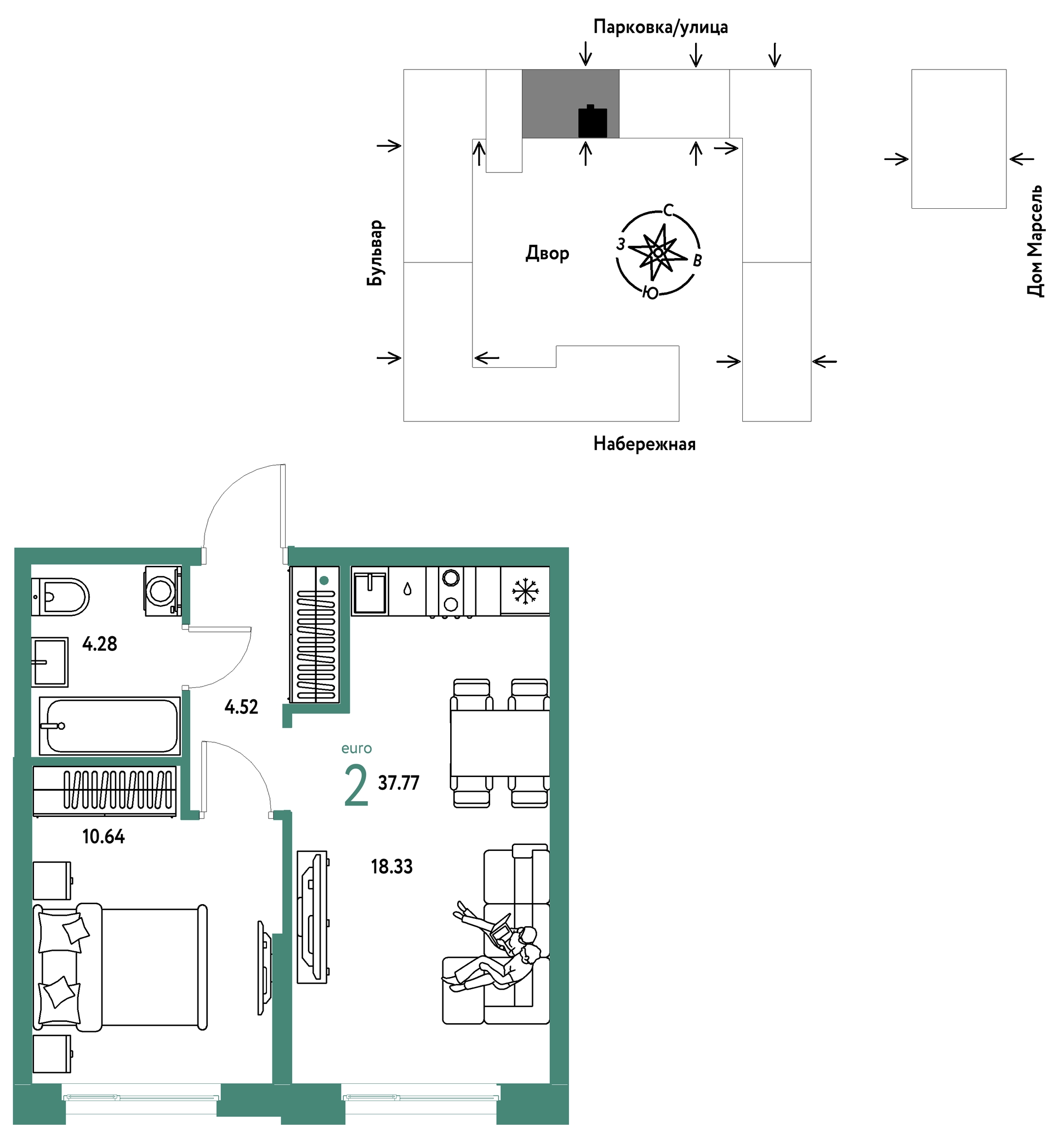 Планировка: Евродвушка 37.8 м² в ЖК Европейский берег 2.0, Европейский
