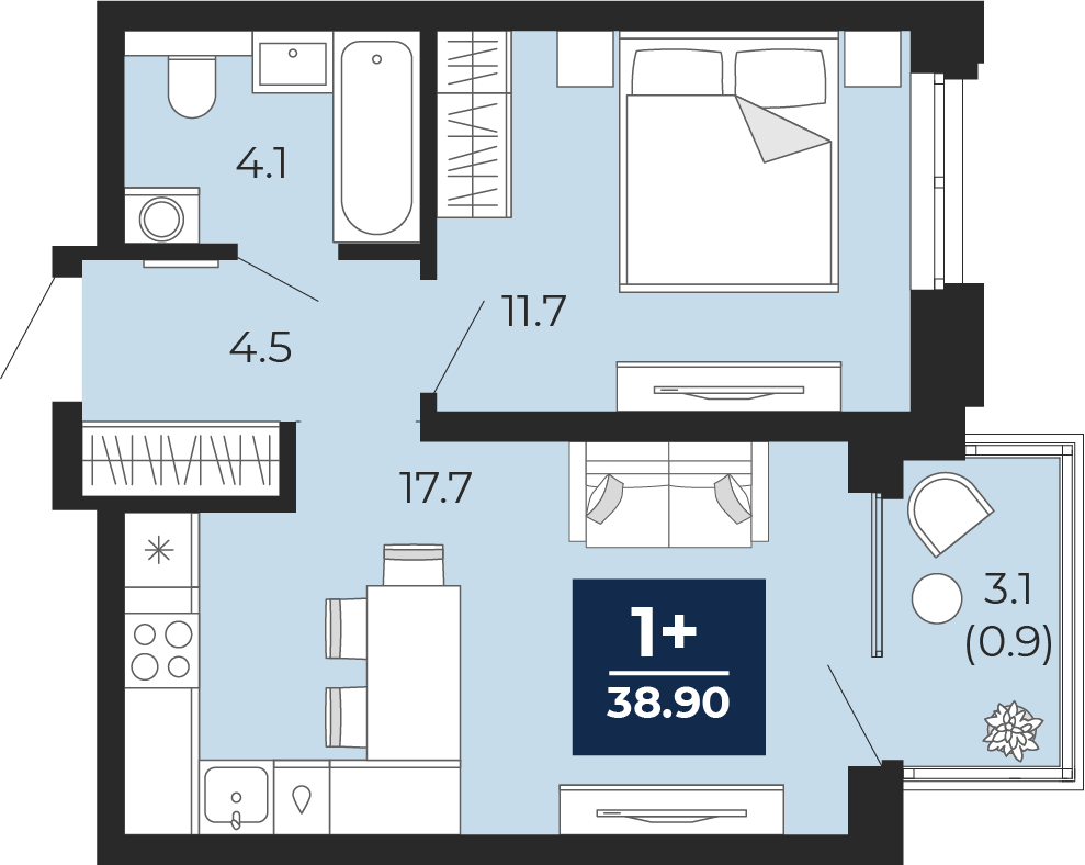 Планировка: Евродвушка 41.1 м² в ЖК Мириады, Мыс