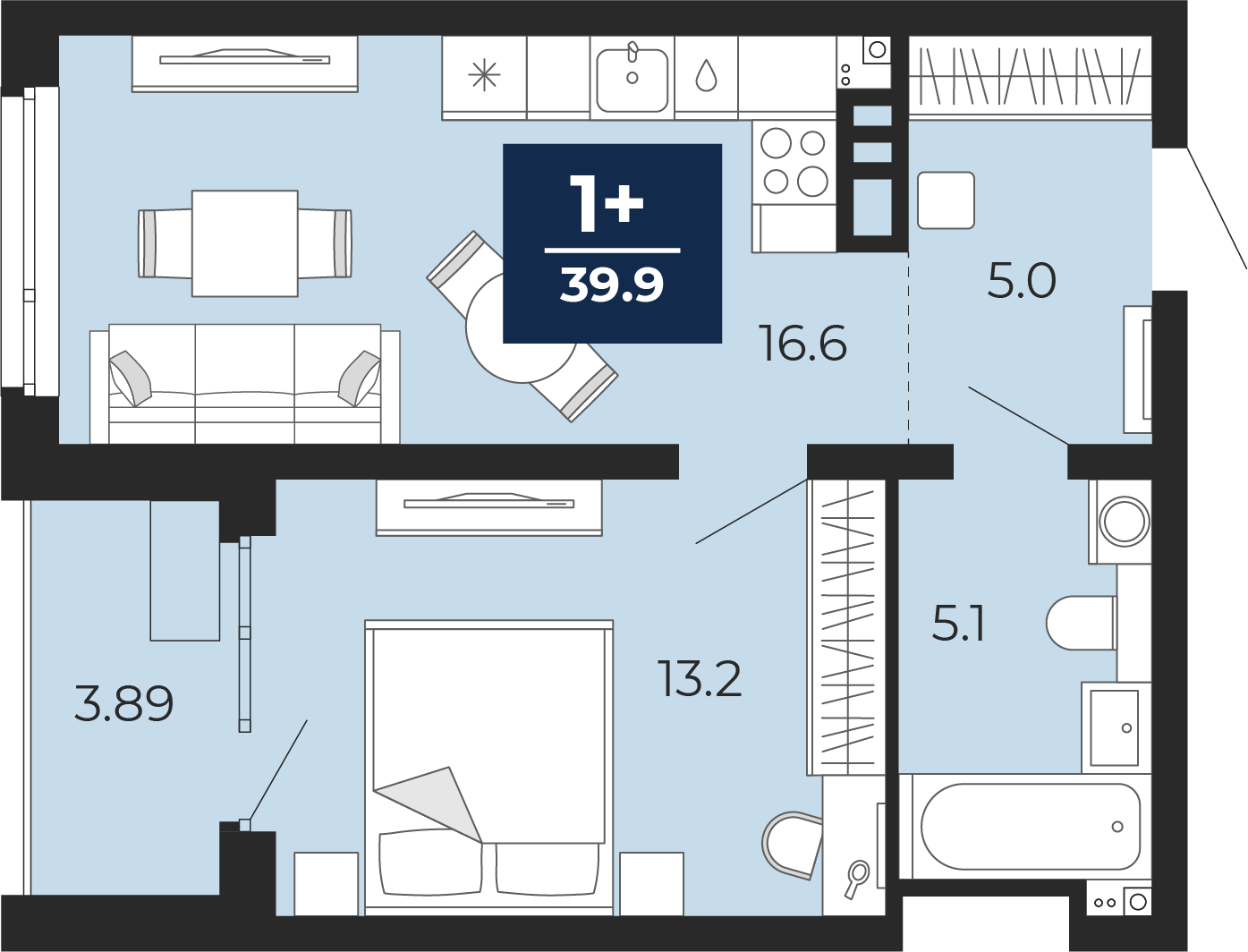 Планировка: Евродвушка 44.5 м² в ЖК Прео, Тюменская слобода