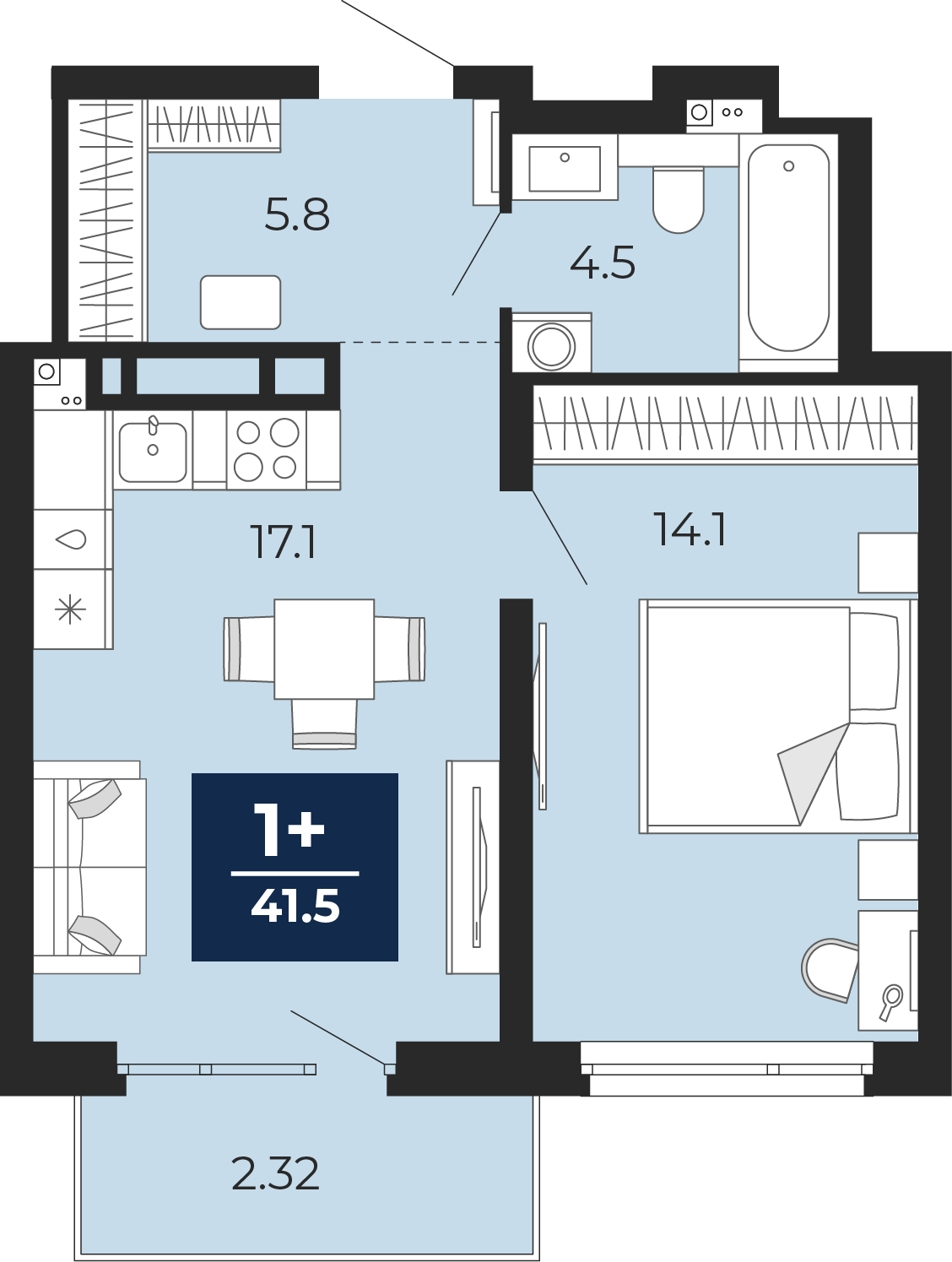 Планировка: Евродвушка 46.4 м² в ЖК Прео, Тюменская слобода