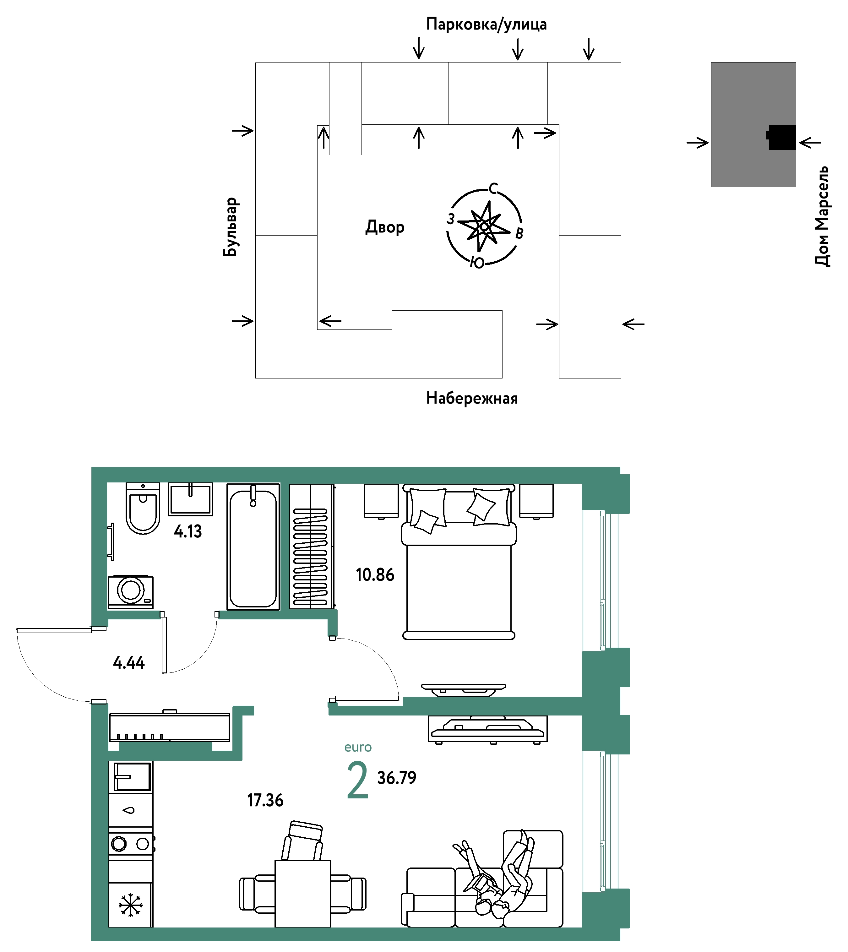 Планировка: Евродвушка 36.8 м² в ЖК Европейский берег 2.0, Европейский