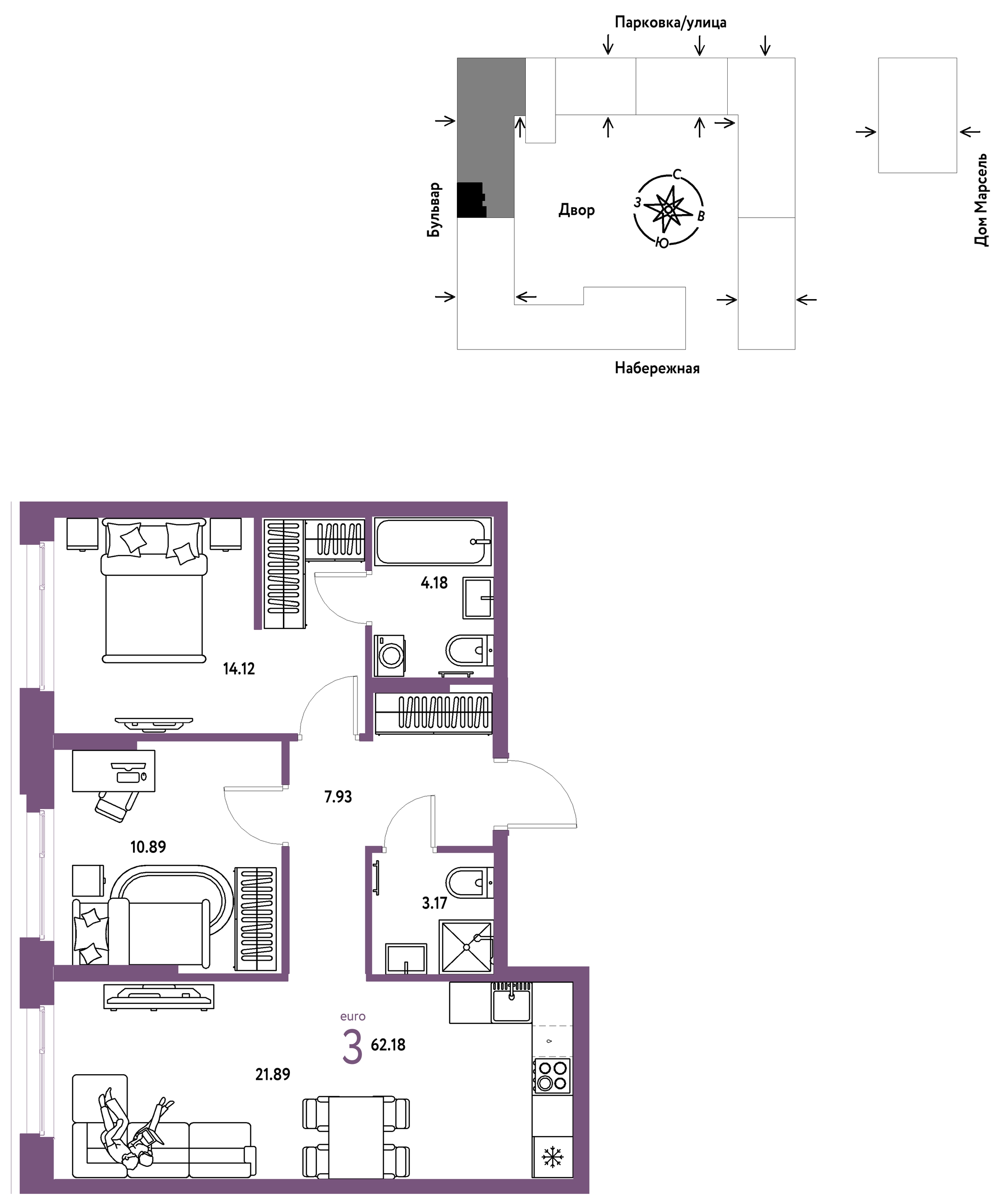 Планировка: Евротрешка 62.2 м² в ЖК Европейский берег 2.0, Европейский