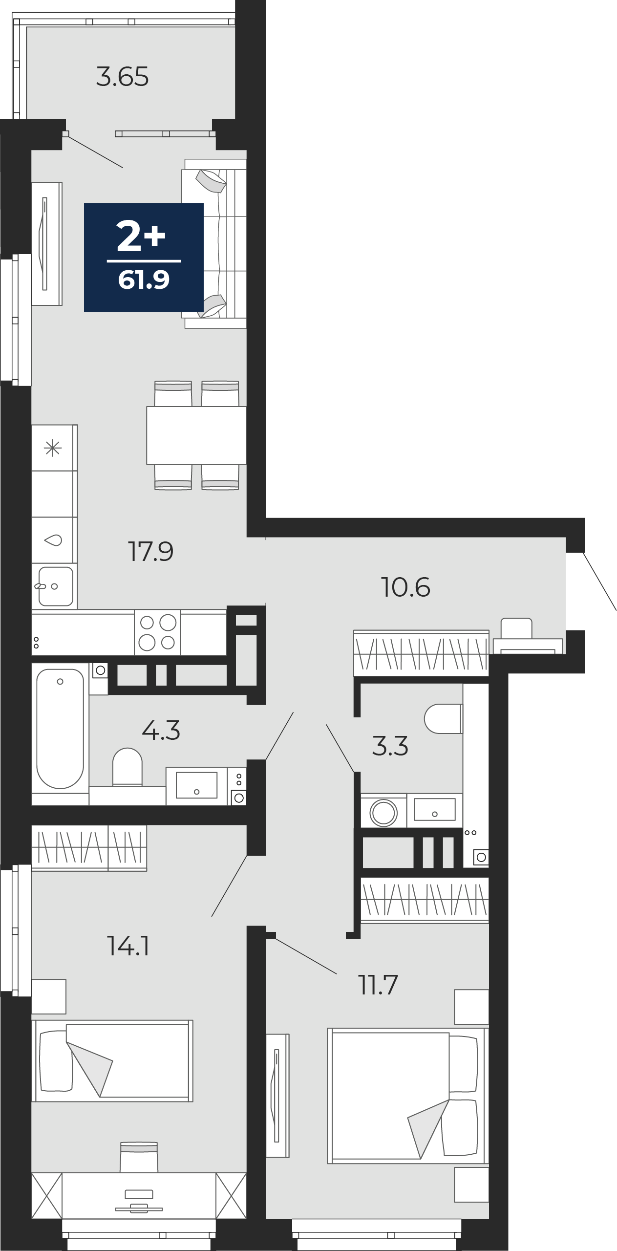 Планировка: Евротрешка 66.2 м² в ЖК Прео, Тюменская слобода