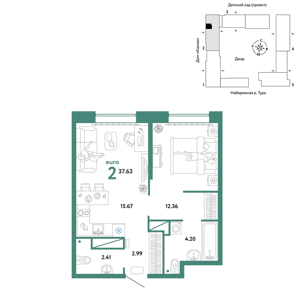 Планировка: Евродвушка 37.6 м² в ЖК Европейский берег 2.0, Европейский