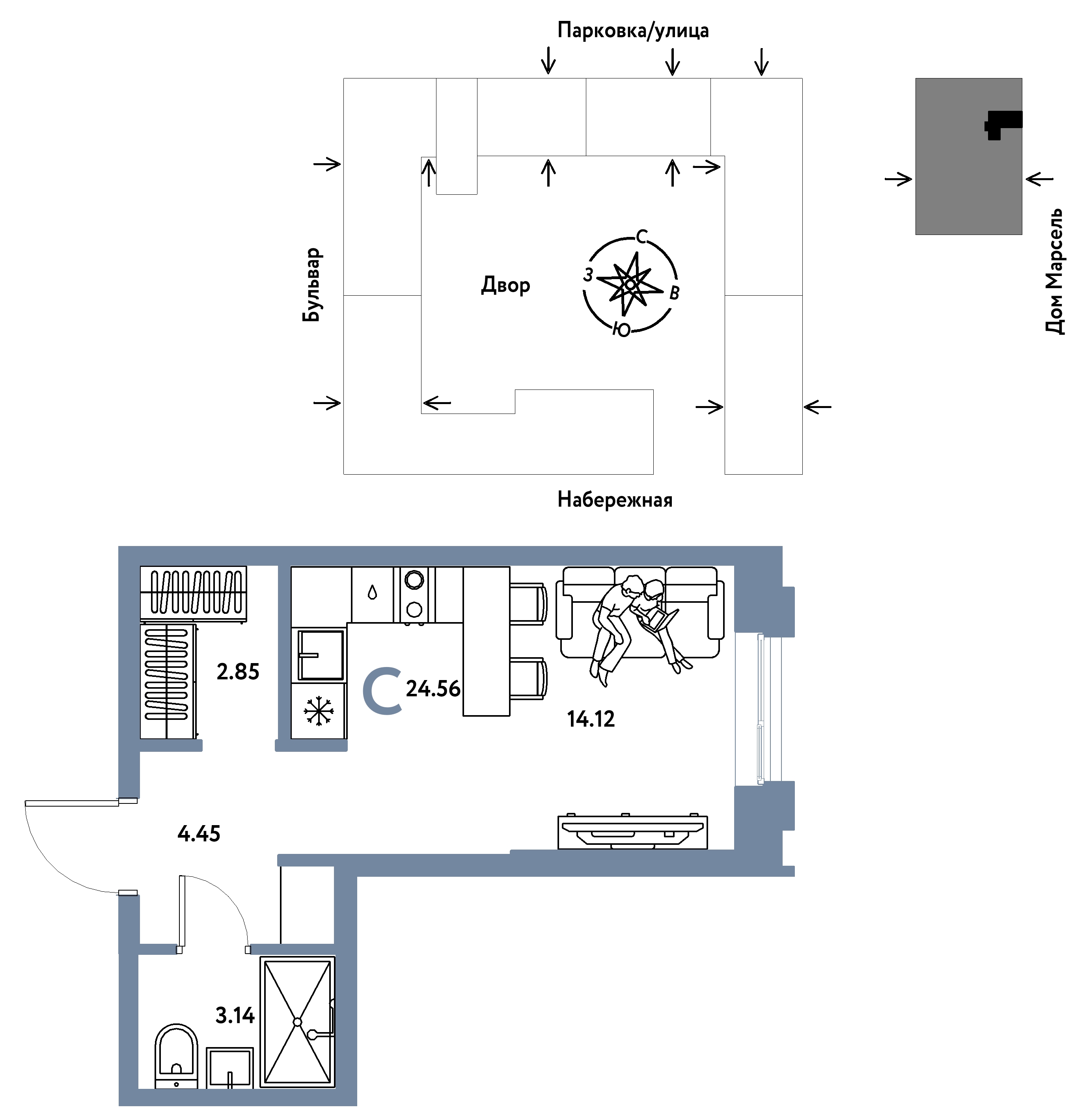 Планировка: Студия 24.6 м² в ЖК Европейский берег 2.0, Европейский