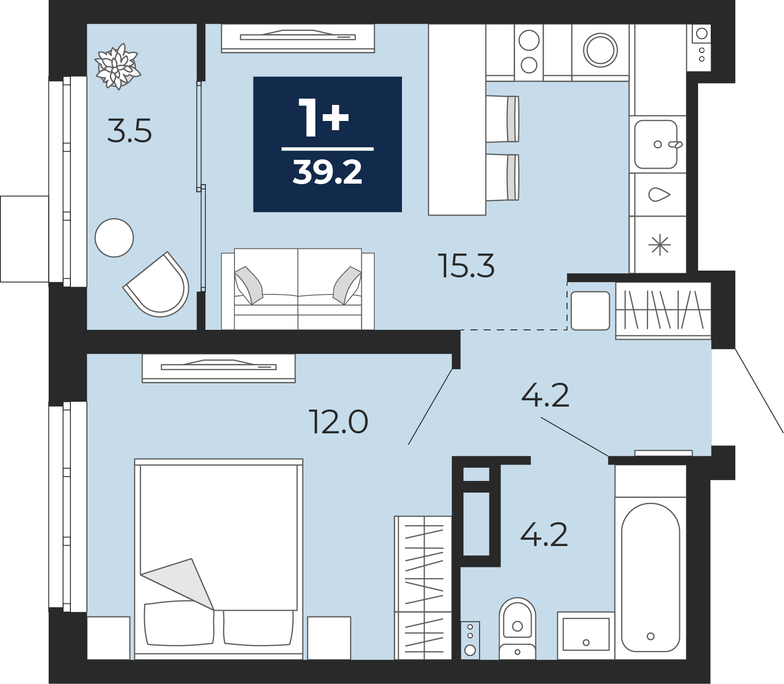 Планировка: Евродвушка 40 м² в ЖК Беринг, Лесобаза