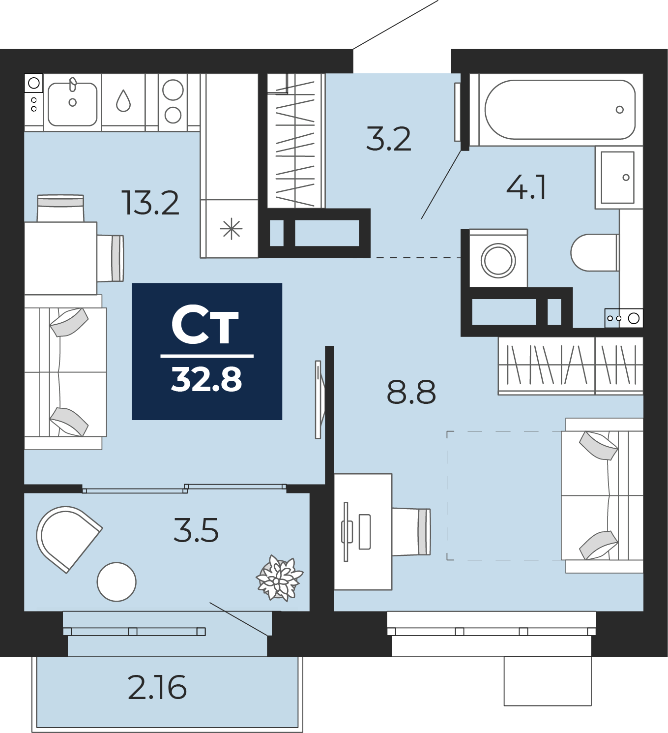 Планировка: Студия 35.6 м² в ЖК Беринг, Лесобаза