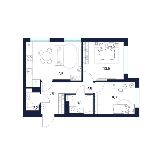 Планировка: 2-комнатная 55.3 м² в ЖК AIRIS, Комарово Парк