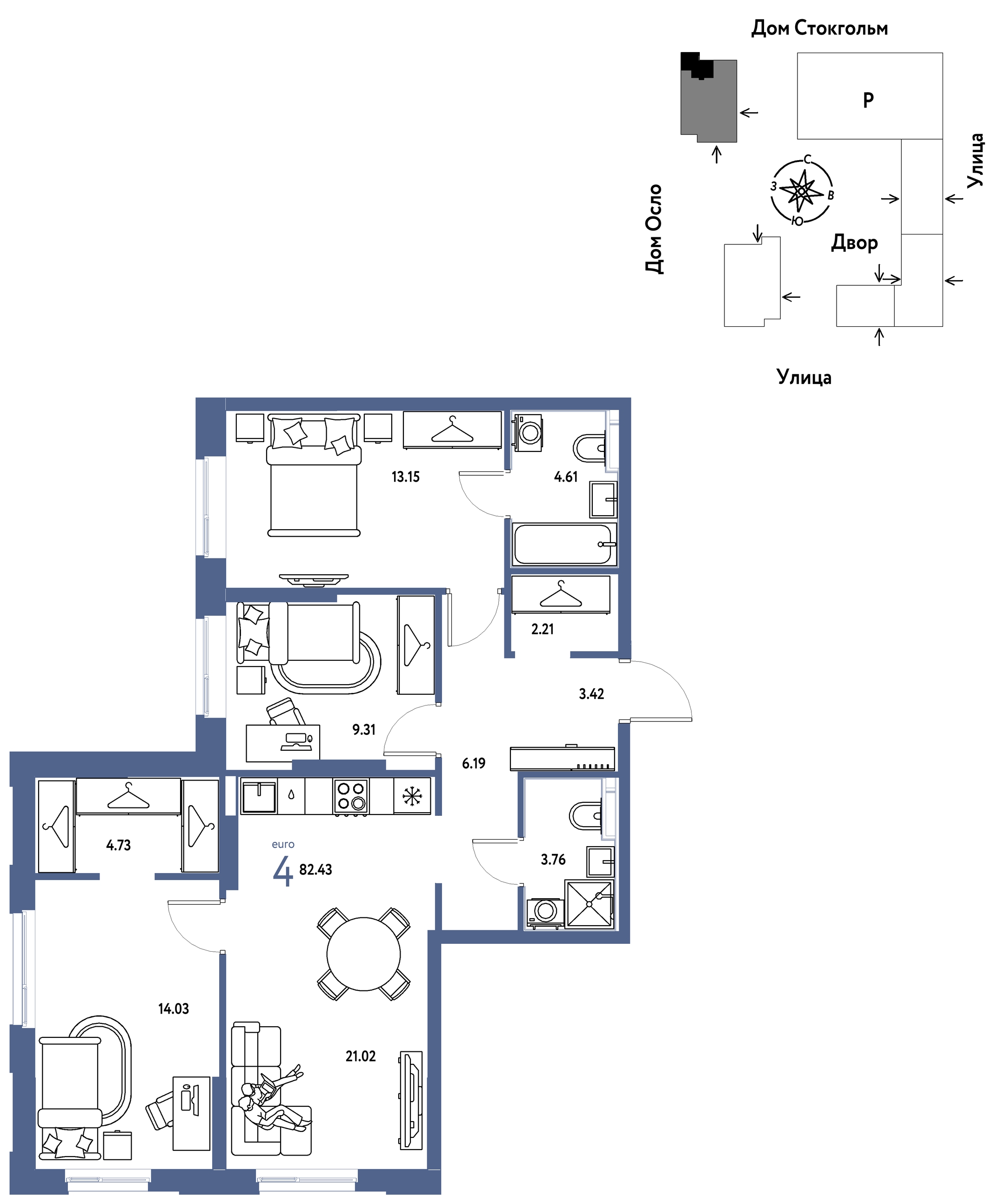 Планировка: 4-комнатная евро 82.4 м² в ЖК Европейский берег 2.0, Европейский