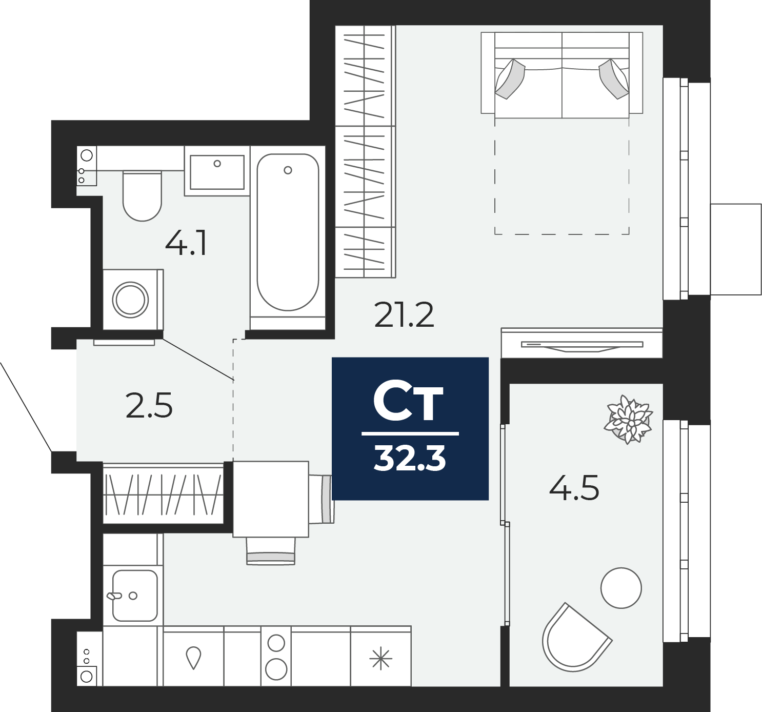 Планировка: Студия 33 м² в ЖК Беринг, Лесобаза