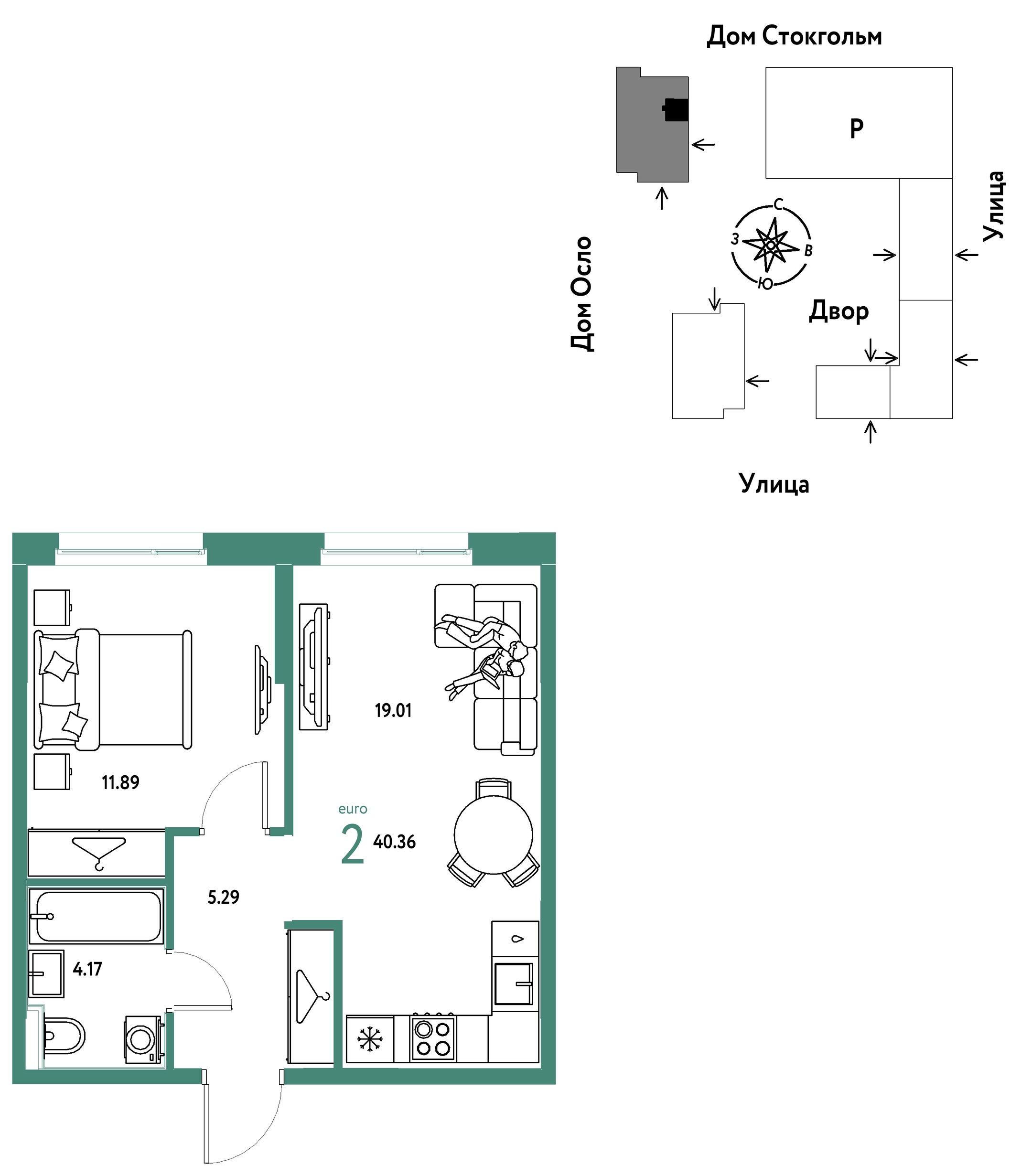 Планировка: Евродвушка 40.4 м² в ЖК Европейский берег 2.0, Европейский