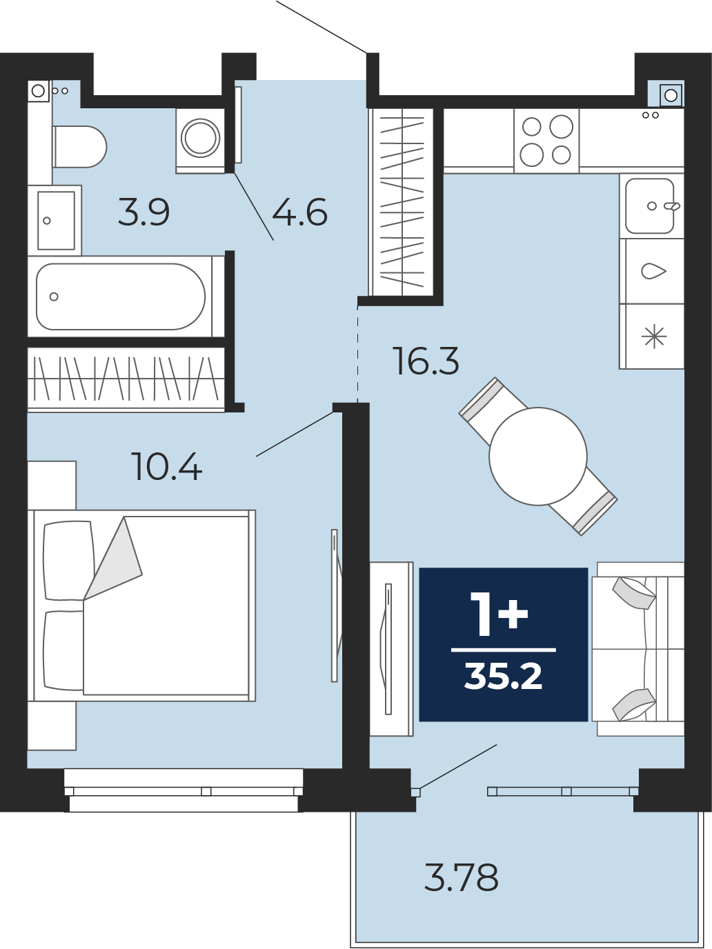 Планировка: Евродвушка 39.5 м² в ЖК Прео, Тюменская слобода