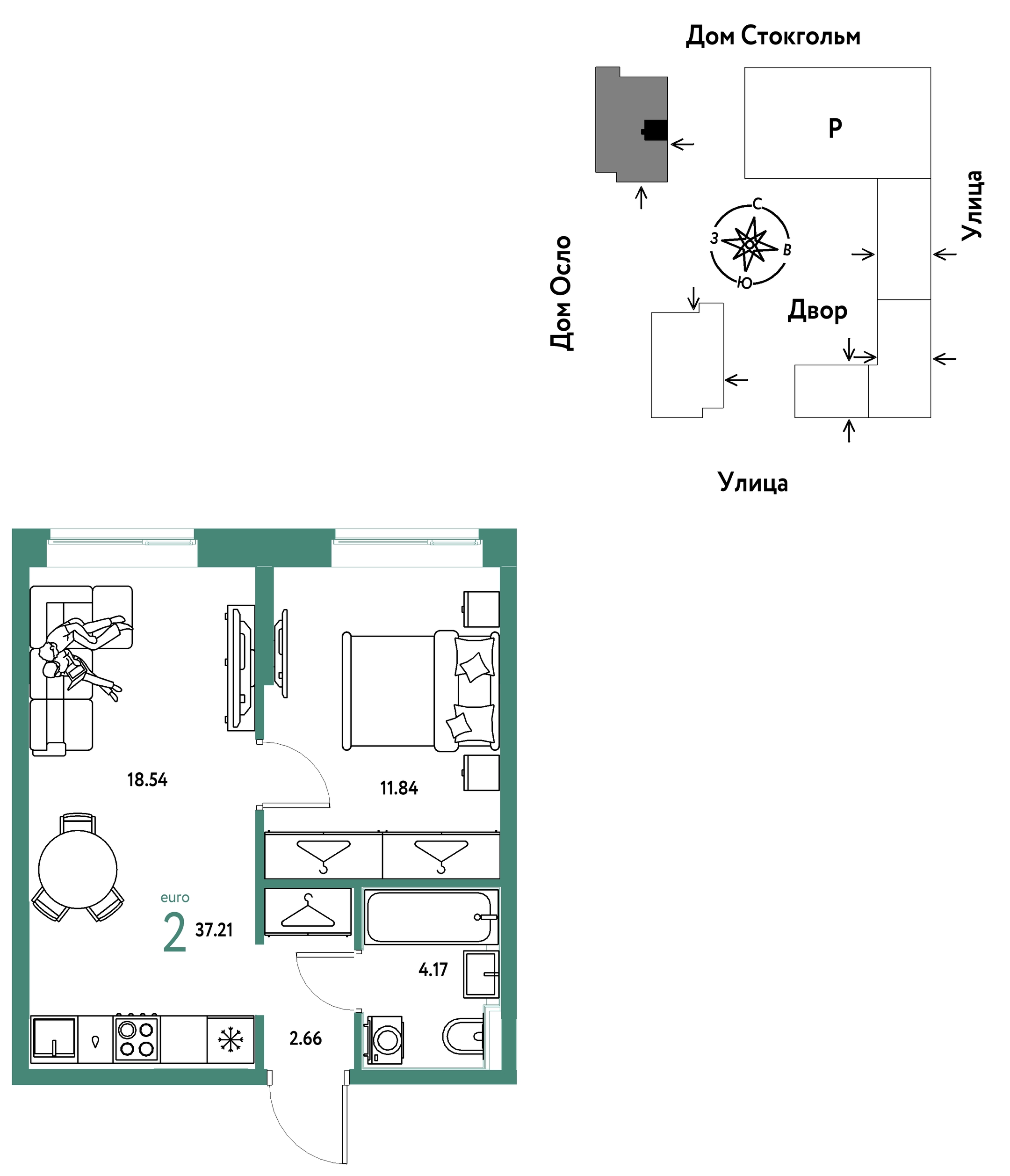 Планировка: Евродвушка 37.2 м² в ЖК Европейский берег 2.0, Европейский