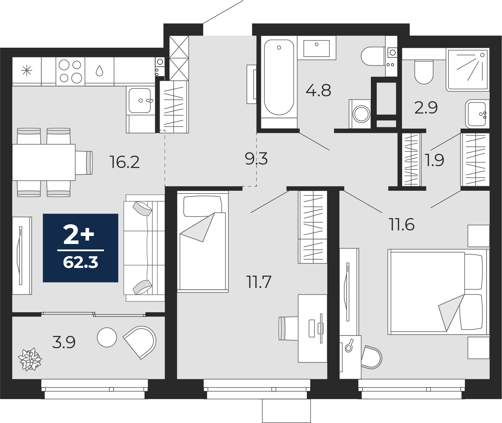 Планировка: Евротрешка 63.5 м² в ЖК Прео, Тюменская слобода
