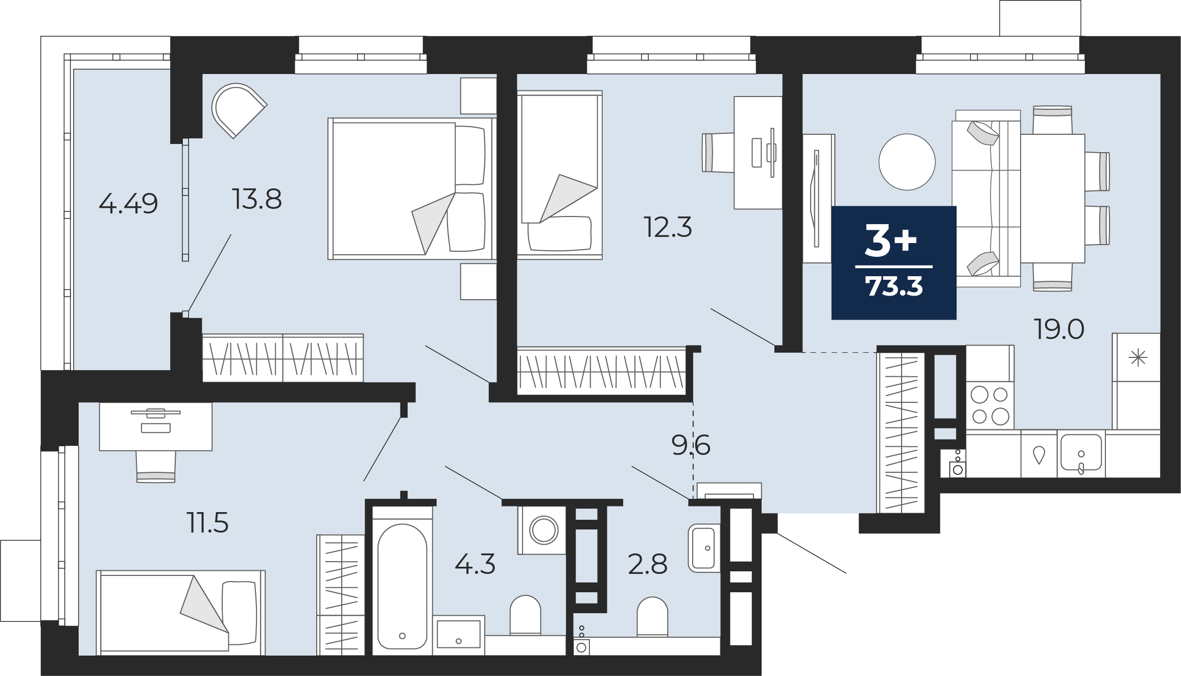 Планировка: 4-комнатная евро 79.1 м² в ЖК Прео, Тюменская слобода