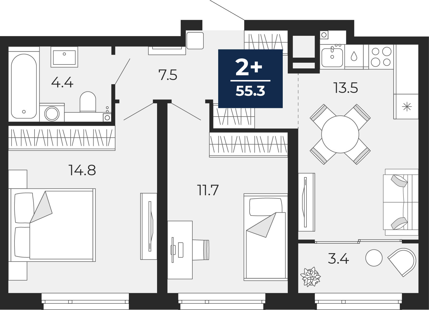 Планировка: Евротрешка 56.4 м² в ЖК Прео, Тюменская слобода