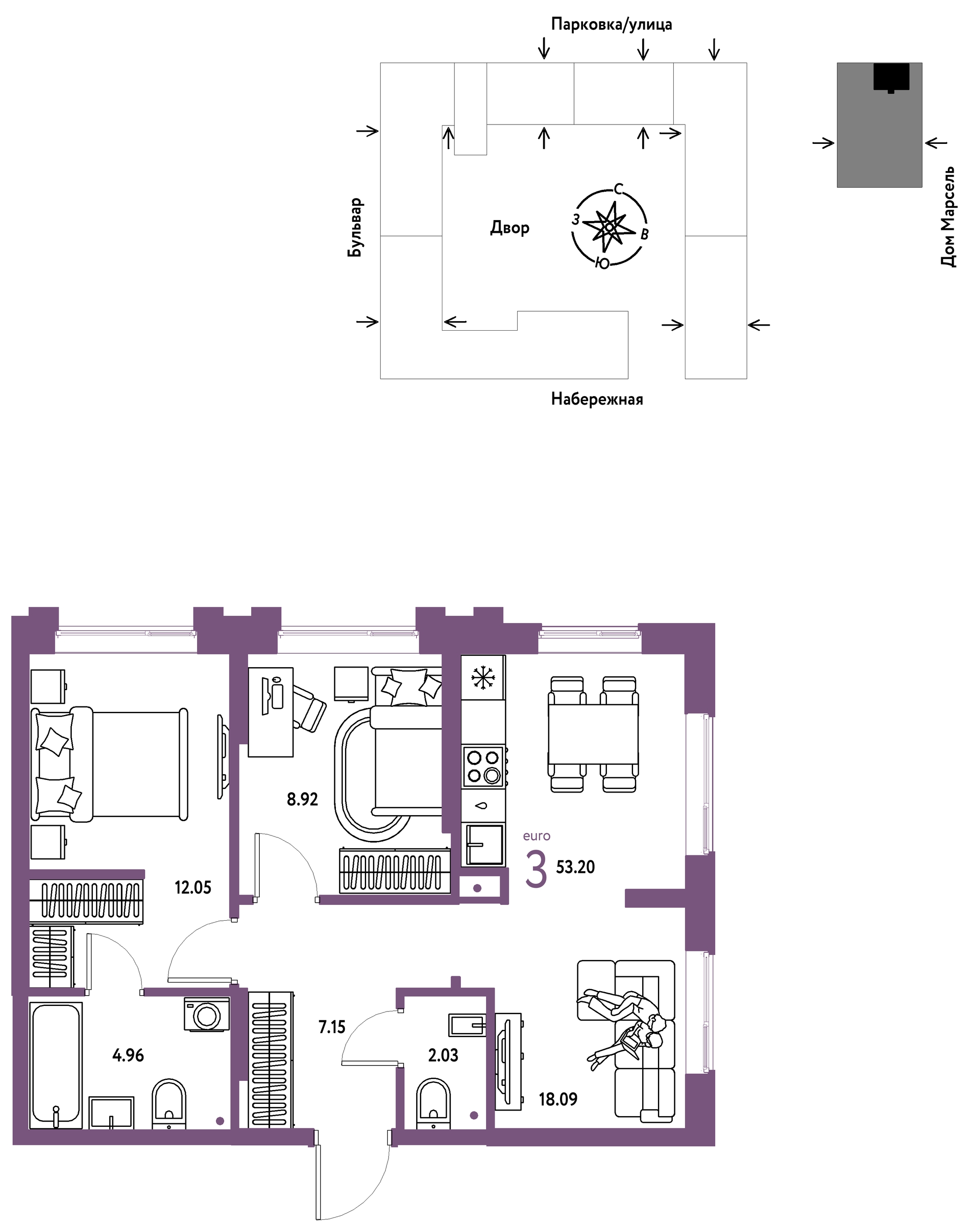 Планировка: Евротрешка 53.2 м² в ЖК Европейский берег 2.0, Европейский