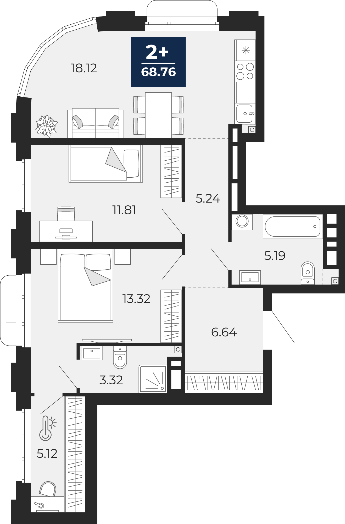 Планировка: Евротрешка 68.8 м² в ЖК Айвазовский, 5-й Заречный