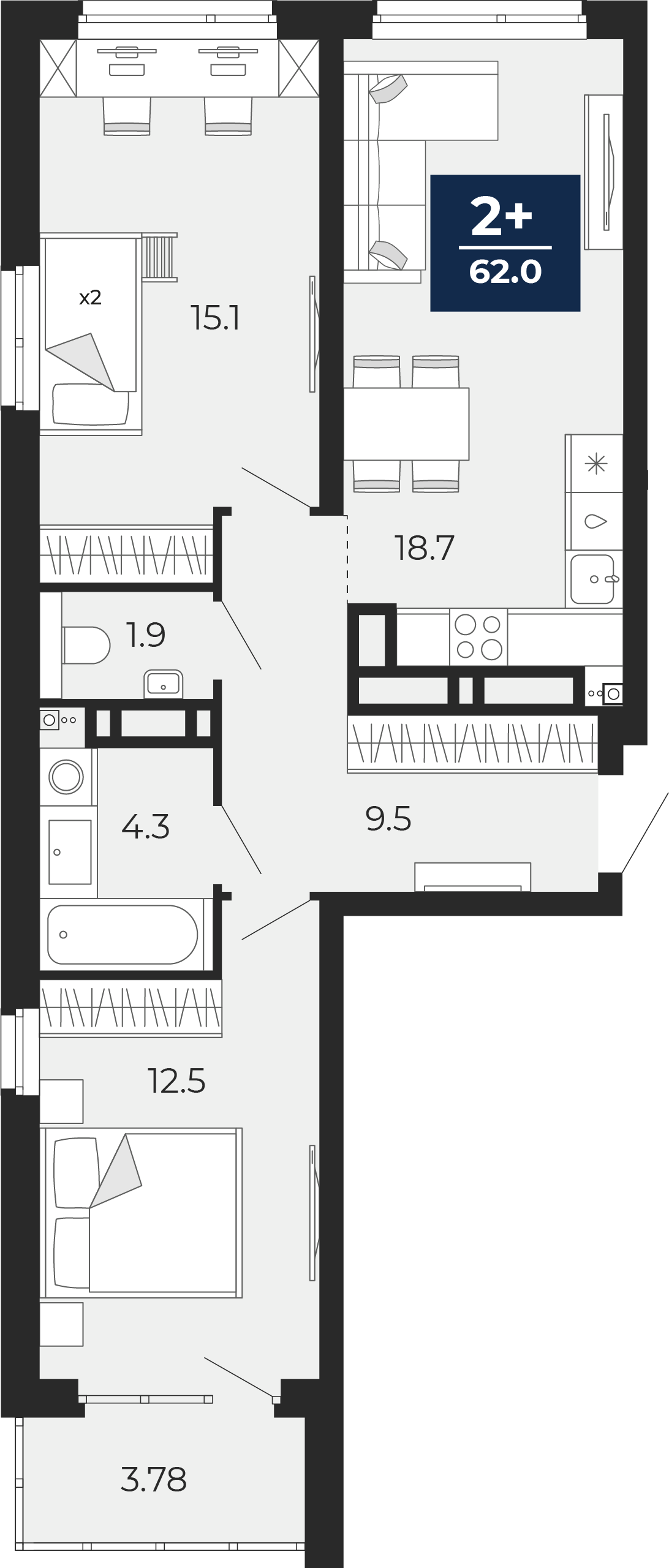 Планировка: Евротрешка 66.9 м² в ЖК Прео, Тюменская слобода