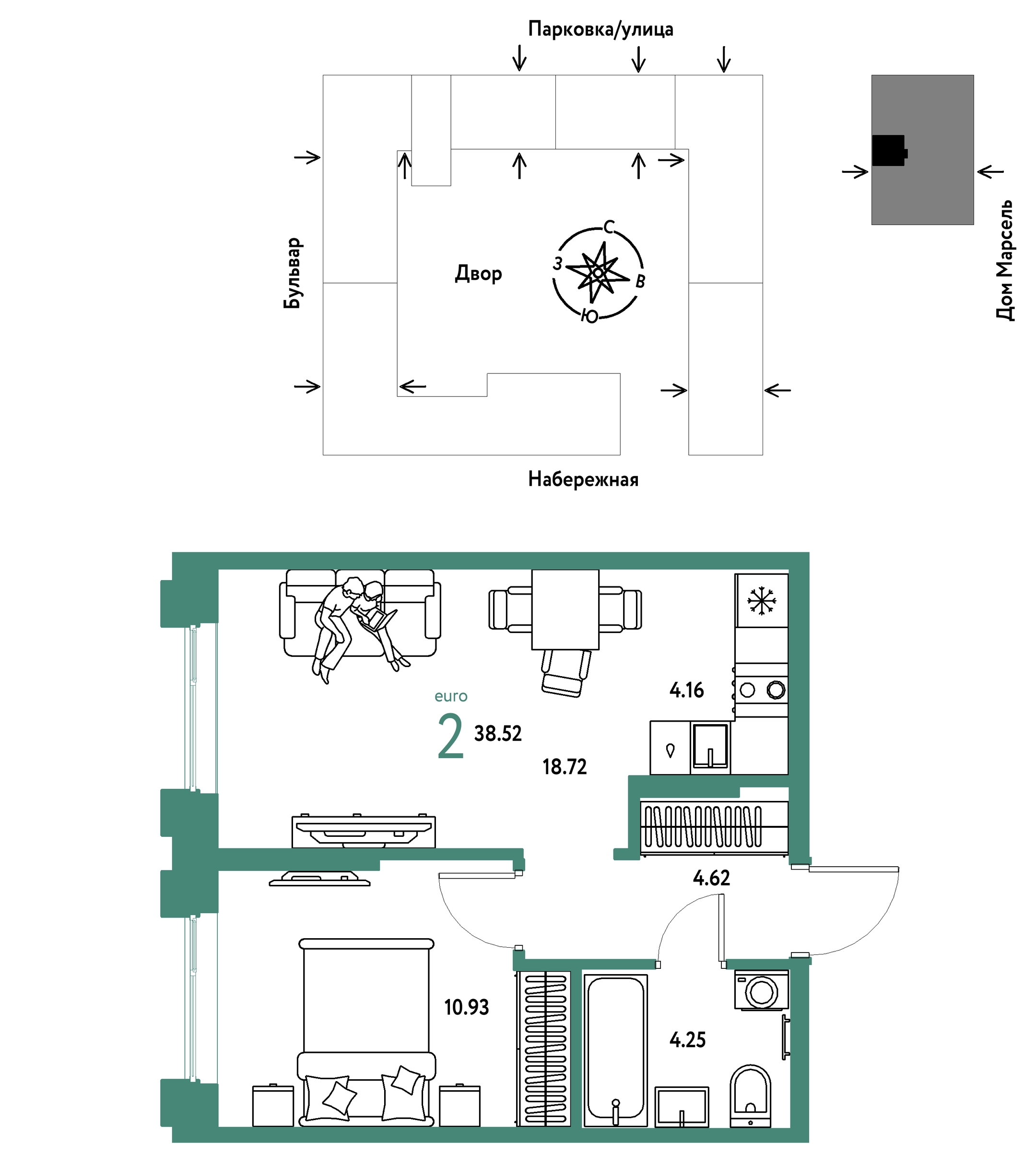 Планировка: Евродвушка 38.5 м² в ЖК Европейский берег 2.0, Европейский