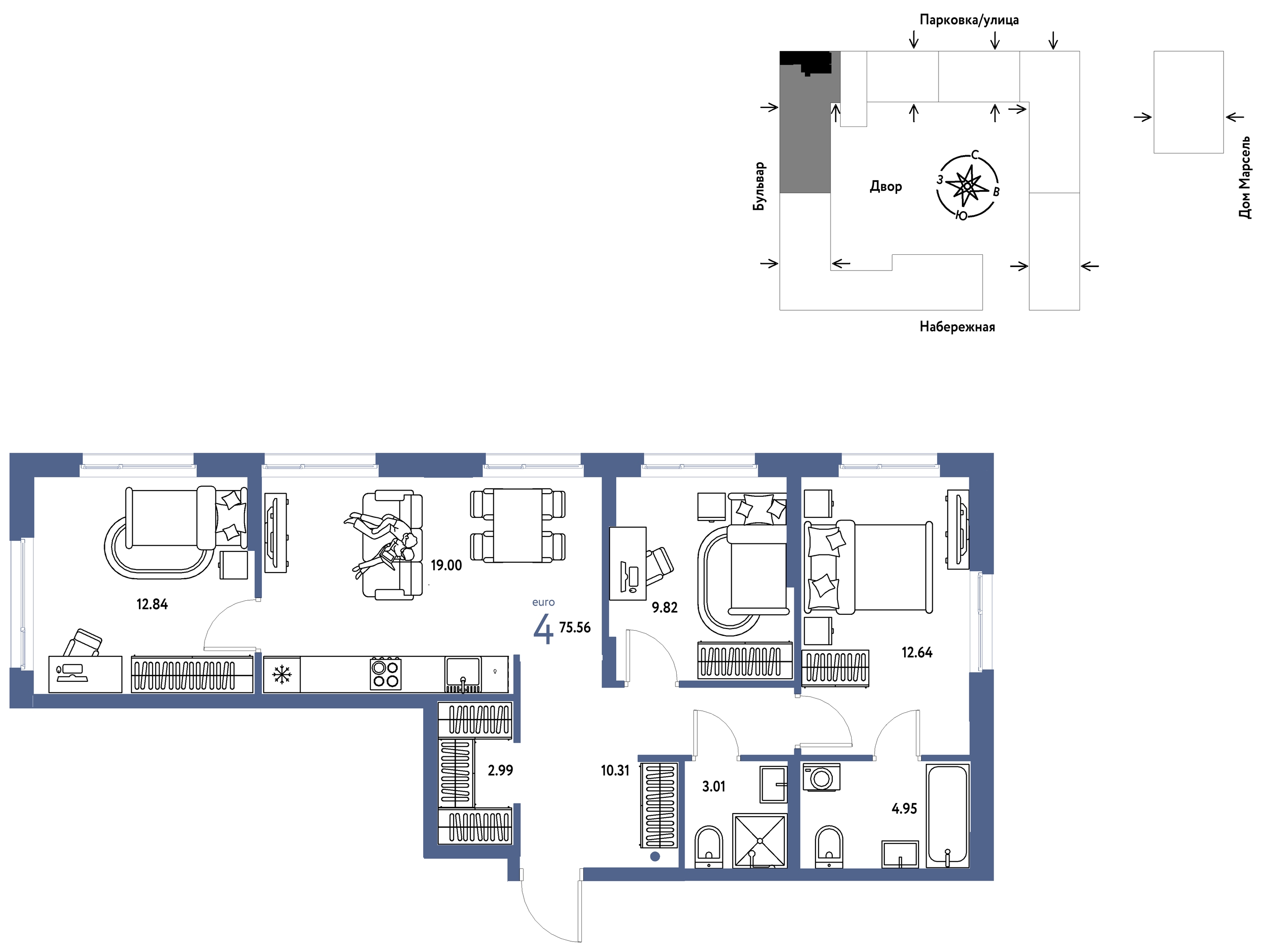 Планировка: 4-комнатная евро 75.6 м² в ЖК Европейский берег 2.0, Европейский