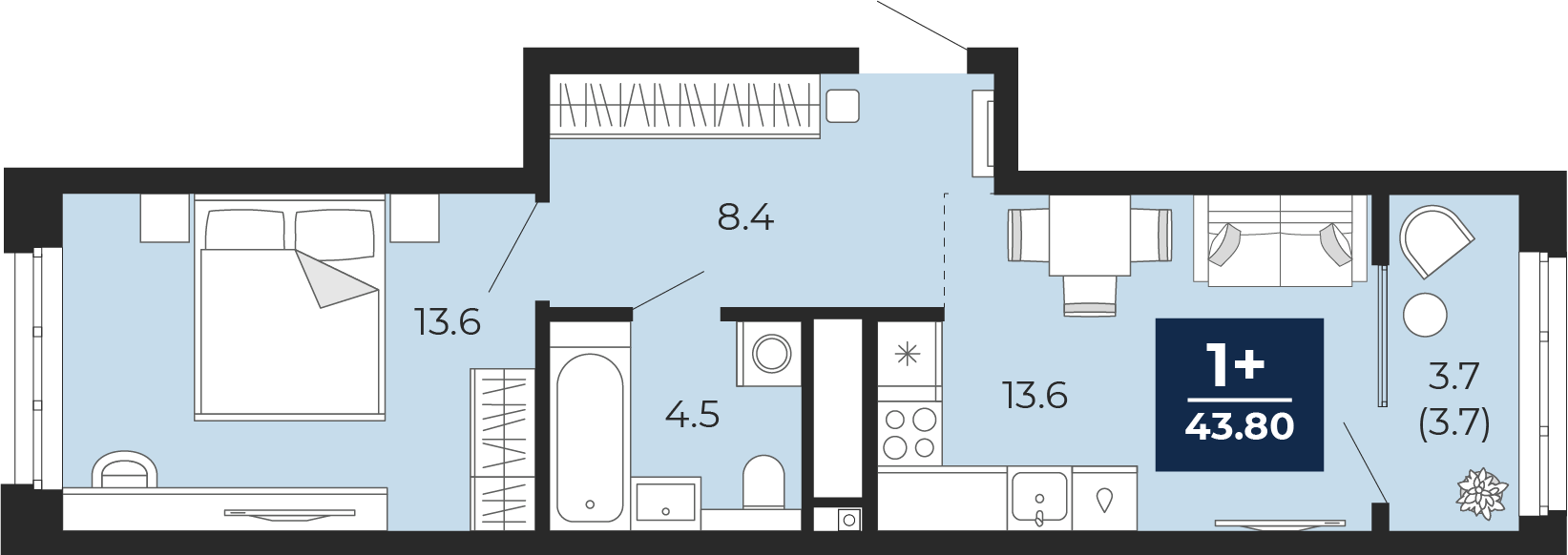 Планировка: Евродвушка 43.8 м² в ЖК Мириады, Мыс