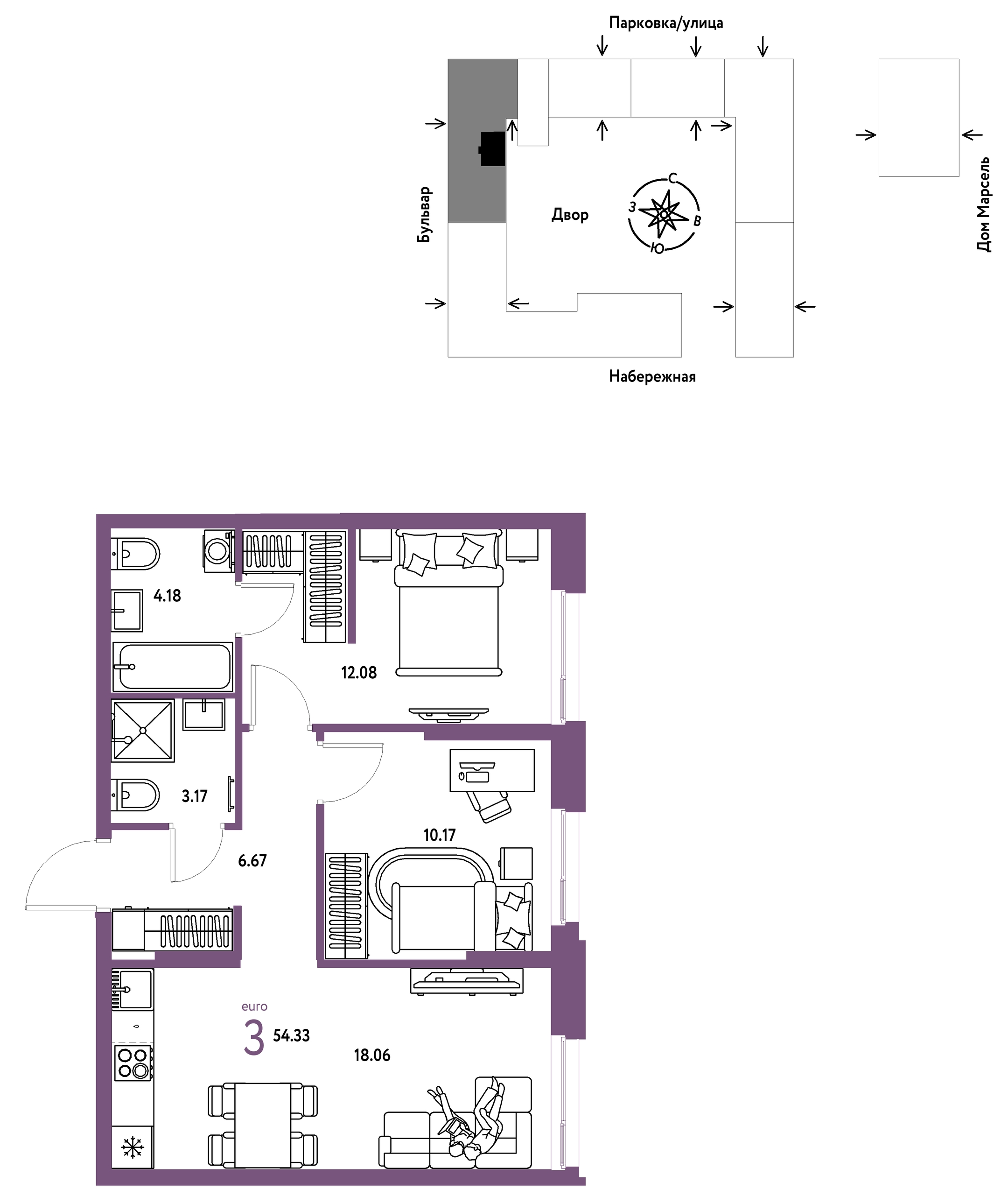 Планировка: Евротрешка 54.3 м² в ЖК Европейский берег 2.0, Европейский