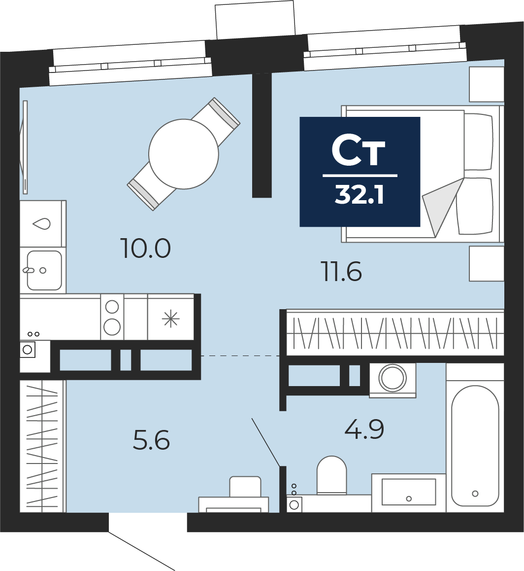 Планировка: Студия 32.8 м² в ЖК Прео, Тюменская слобода