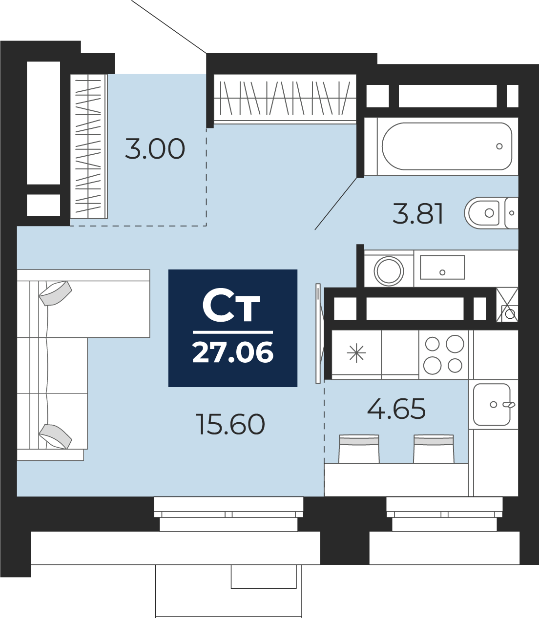 Планировка: Студия 27.1 м² в ЖК Айвазовский, 5-й Заречный