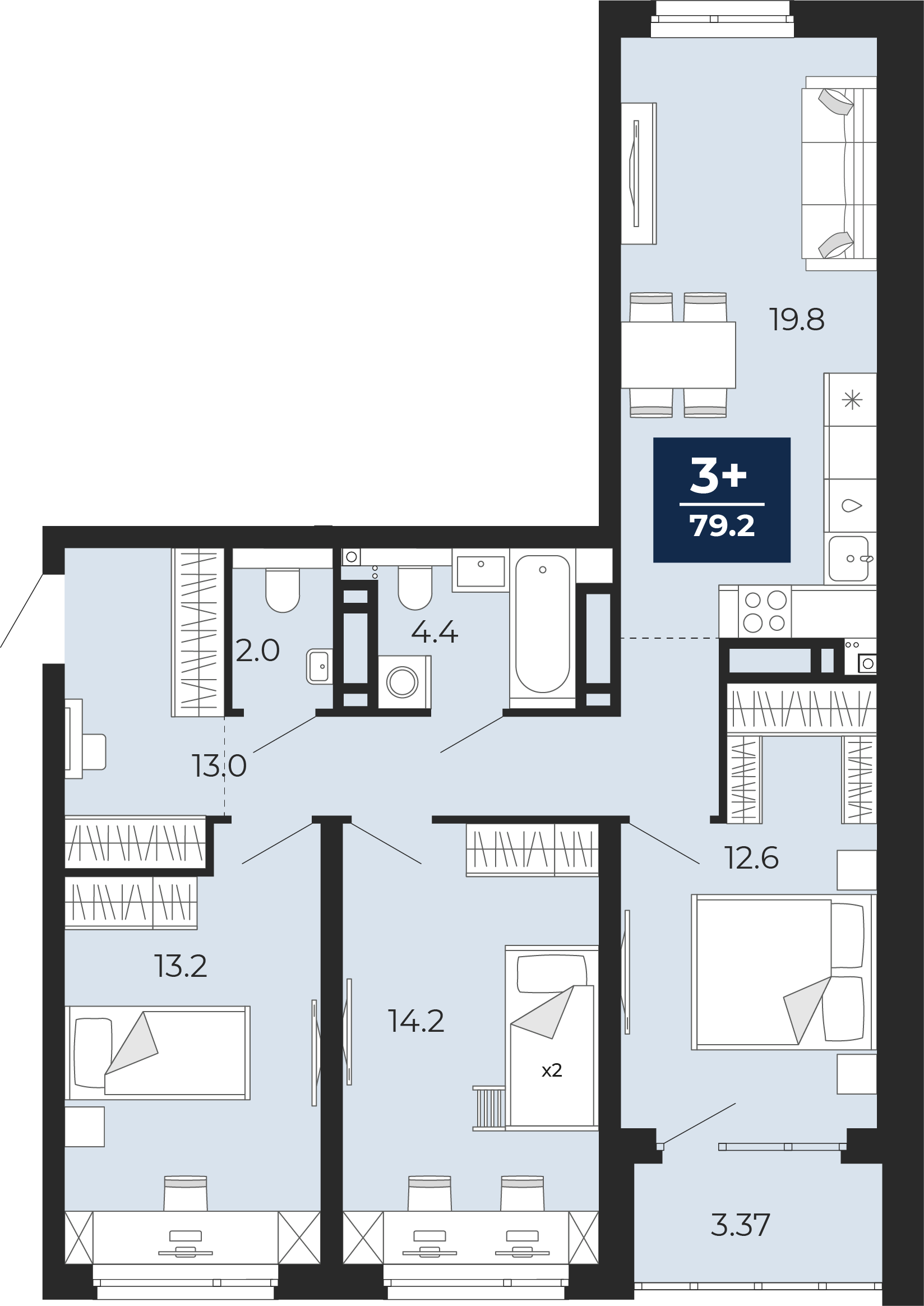 Планировка: 4-комнатная евро 84.1 м² в ЖК Прео, Тюменская слобода