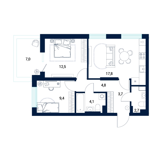 Планировка: 2-комнатная 62 м² в ЖК AIRIS, Комарово Парк