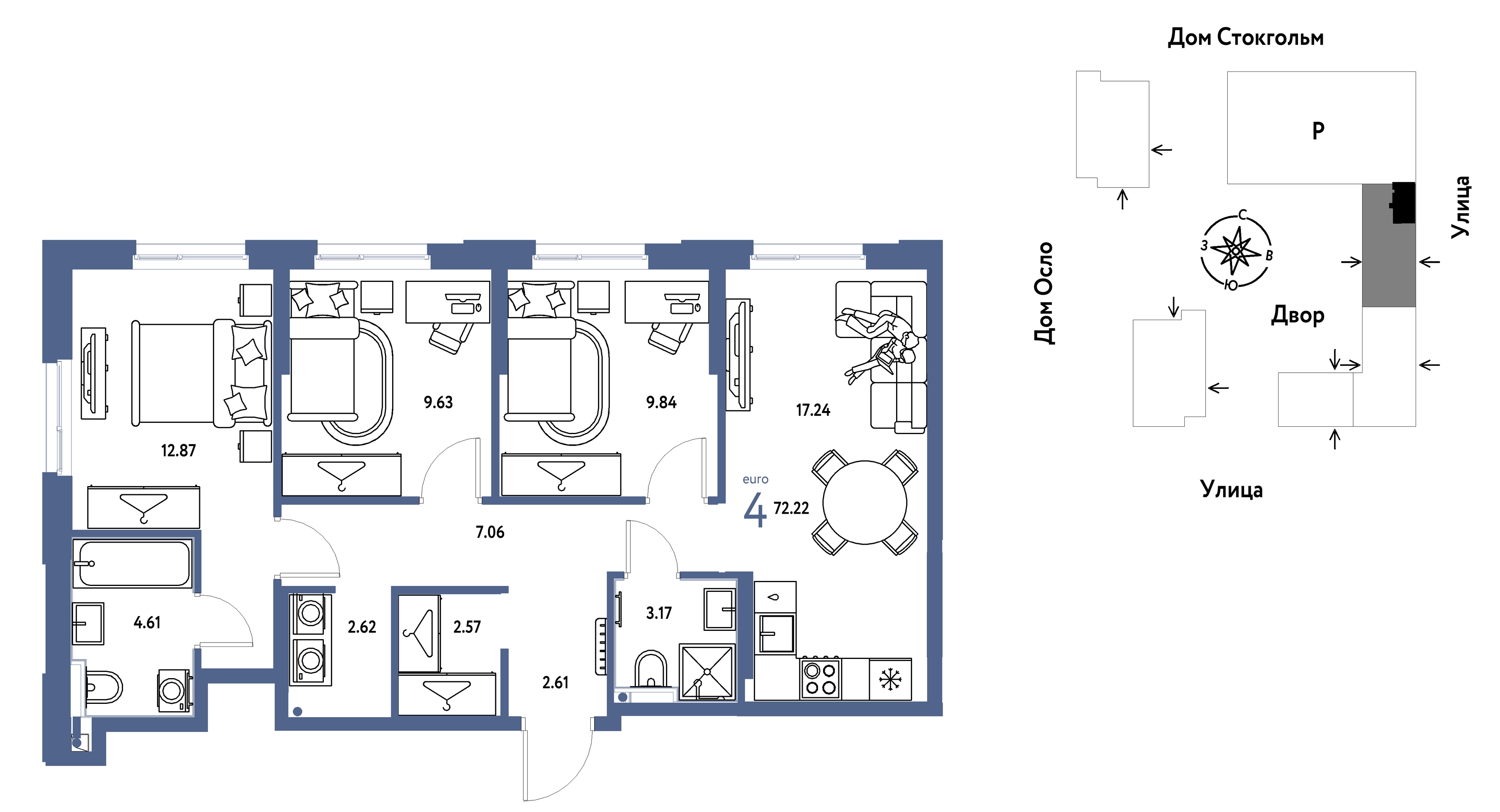 Планировка: 4-комнатная евро 72.2 м² в ЖК Европейский берег 2.0, Европейский